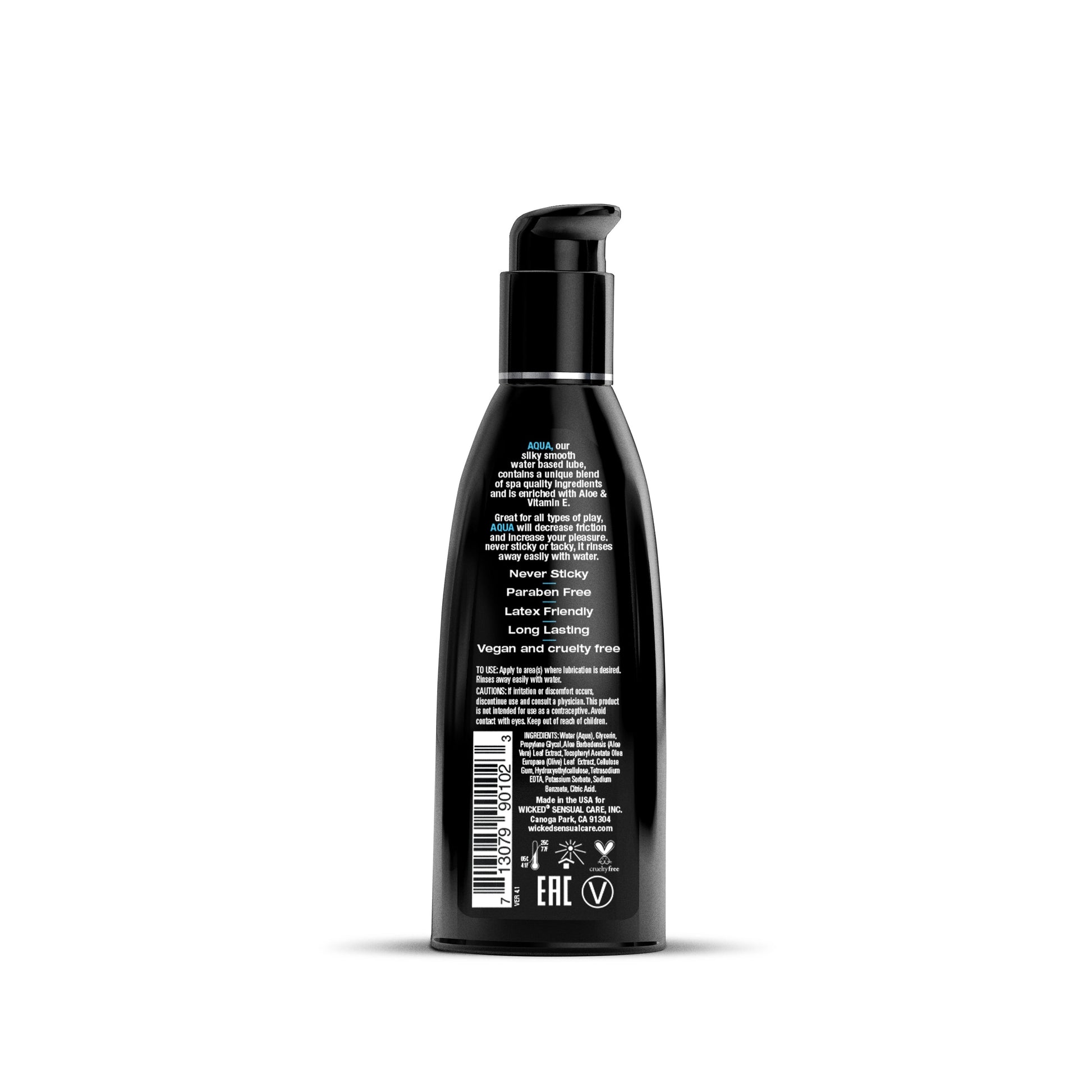 A black bottle of Aqua water-based personal lubricant with aloe and vitamin E.