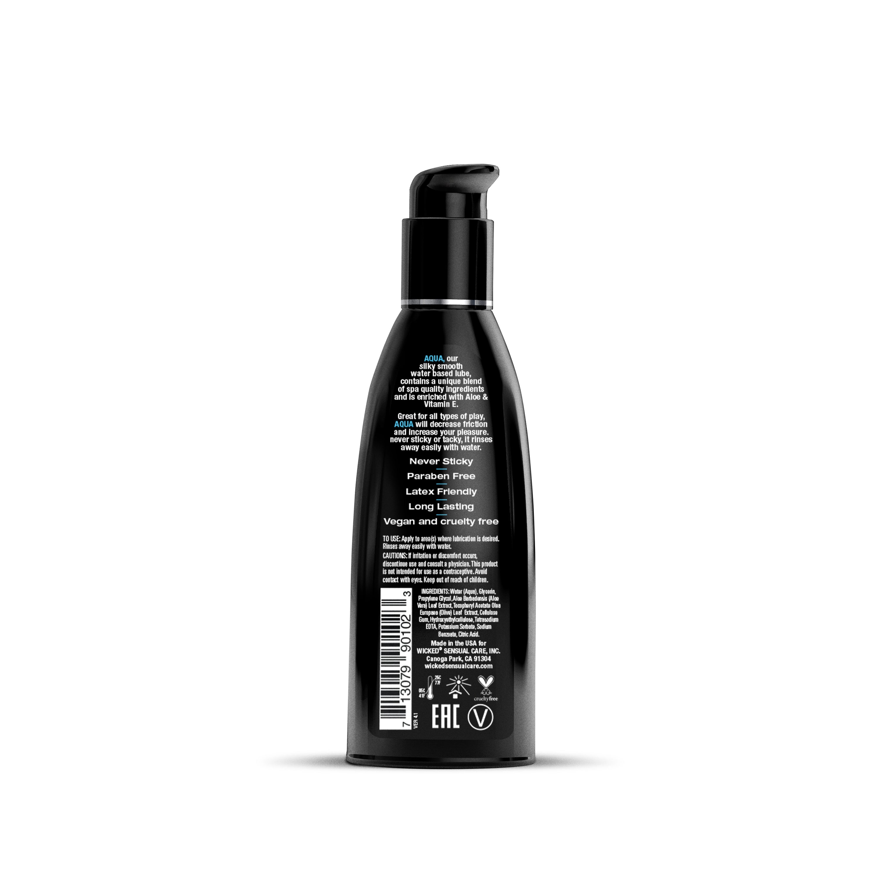A black bottle of Aqua water-based personal lubricant with aloe and vitamin E.