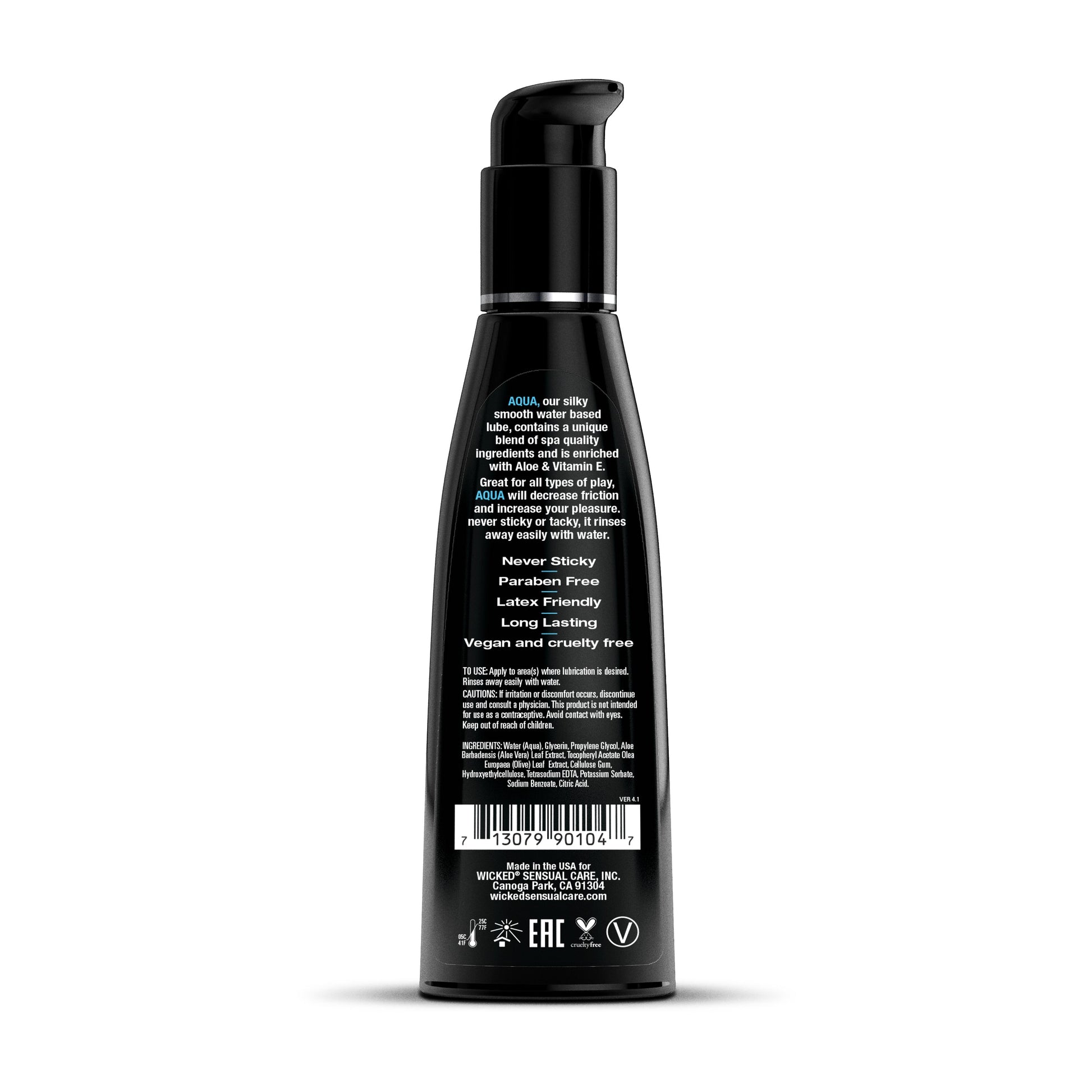 Black pump bottle of Aqua water-based personal lubricant with ingredient and usage information.