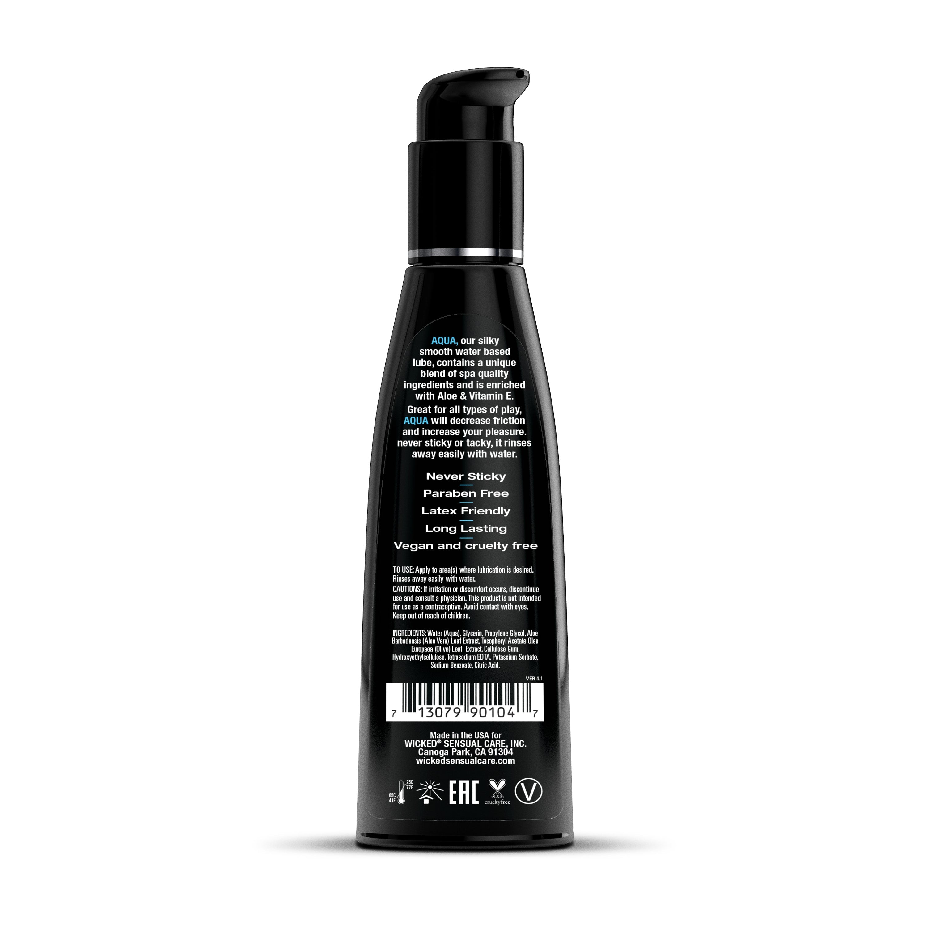 Black pump bottle of Aqua water-based personal lubricant with ingredient and usage information.