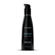 A black bottle of Wicked Aqua water-based personal lubricant with a pump dispenser.