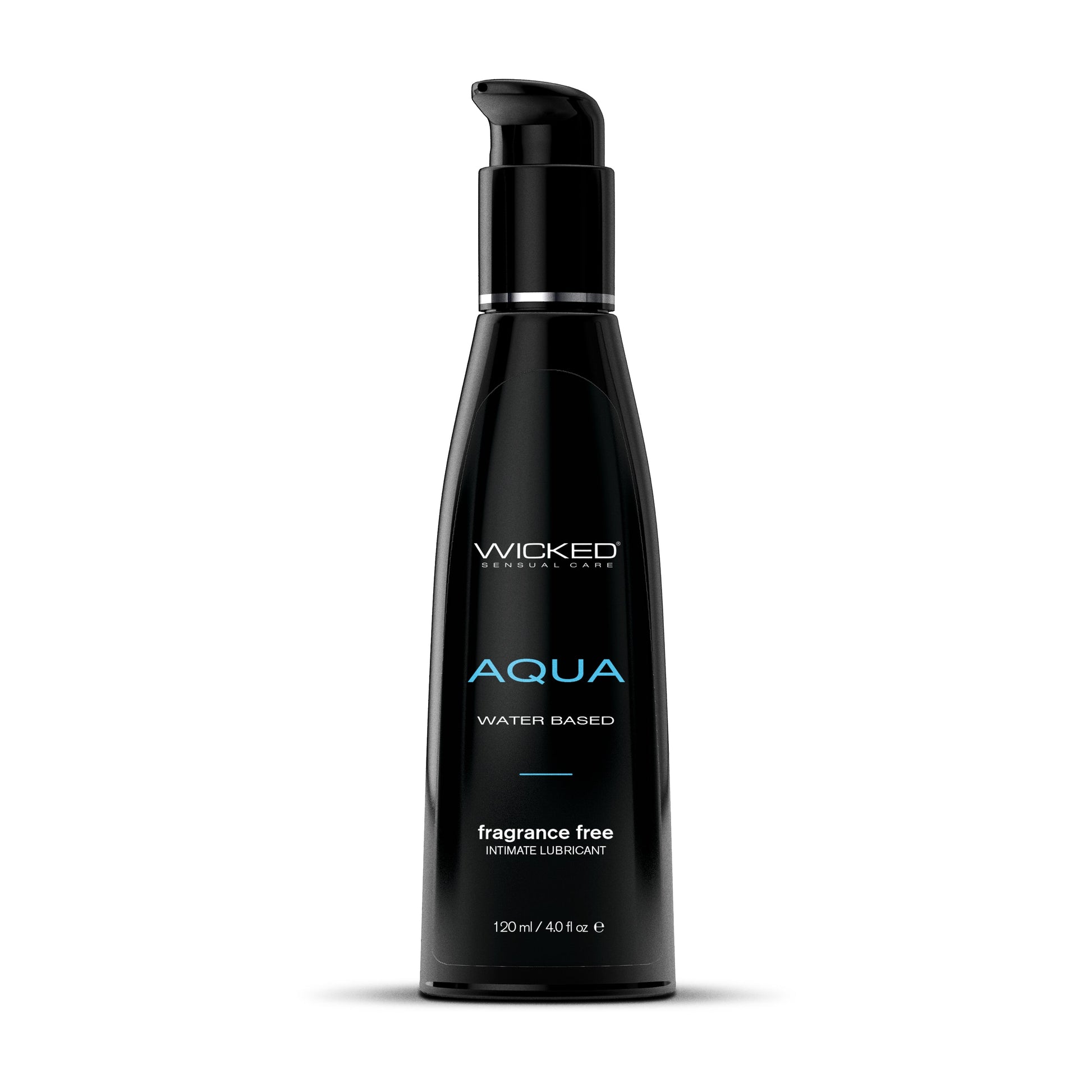 A black bottle of Wicked Aqua water-based personal lubricant with a pump dispenser.