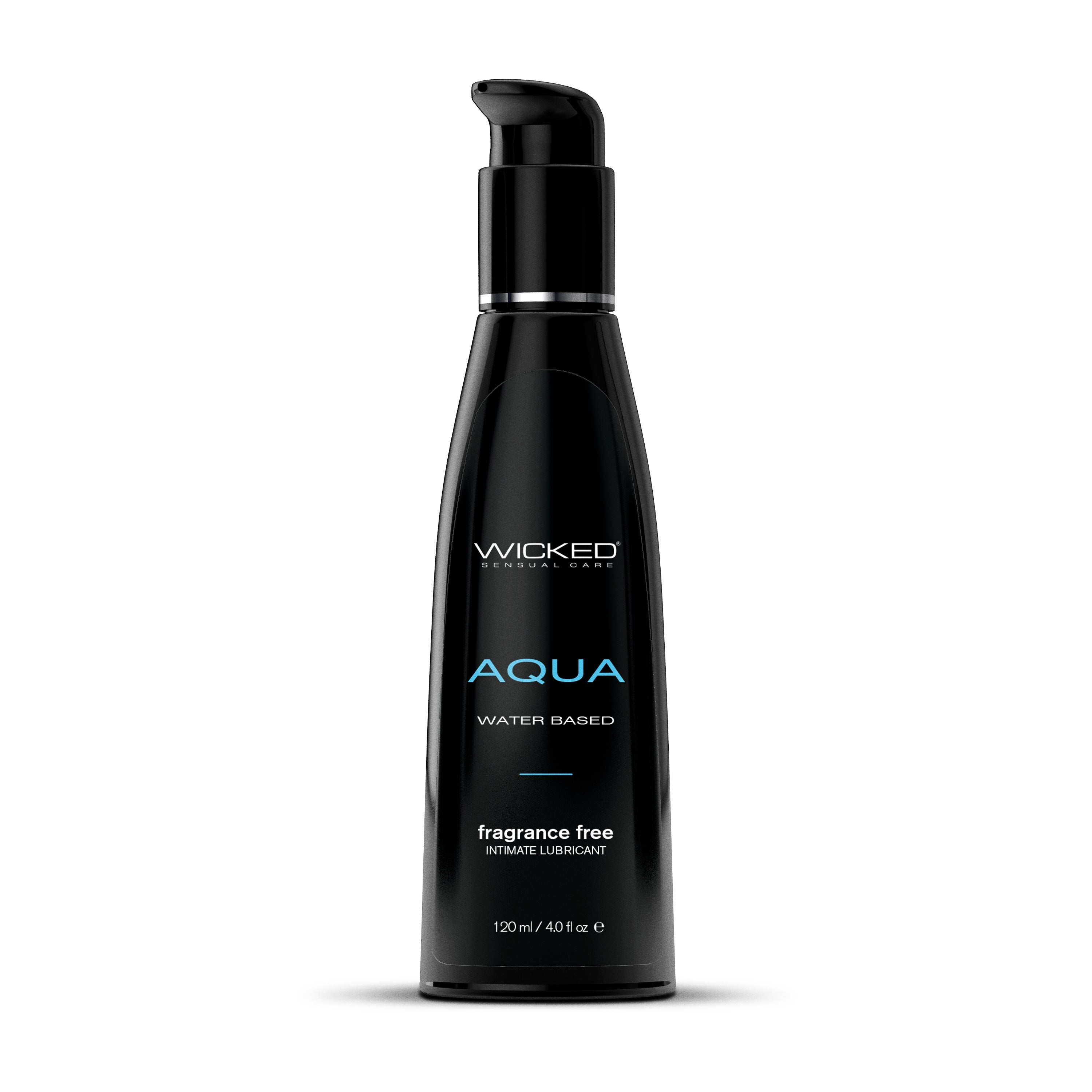 A black bottle of Wicked Aqua water-based personal lubricant with a pump dispenser.