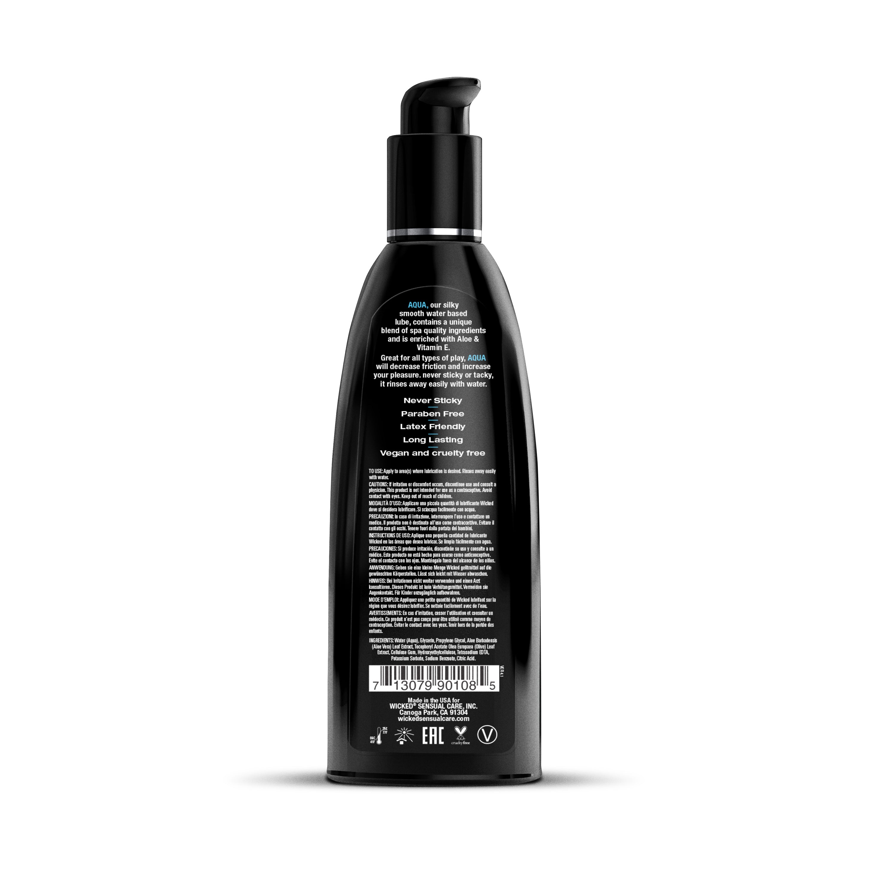 A black bottle of Wicked Aqua water-based lubricant with aloe.