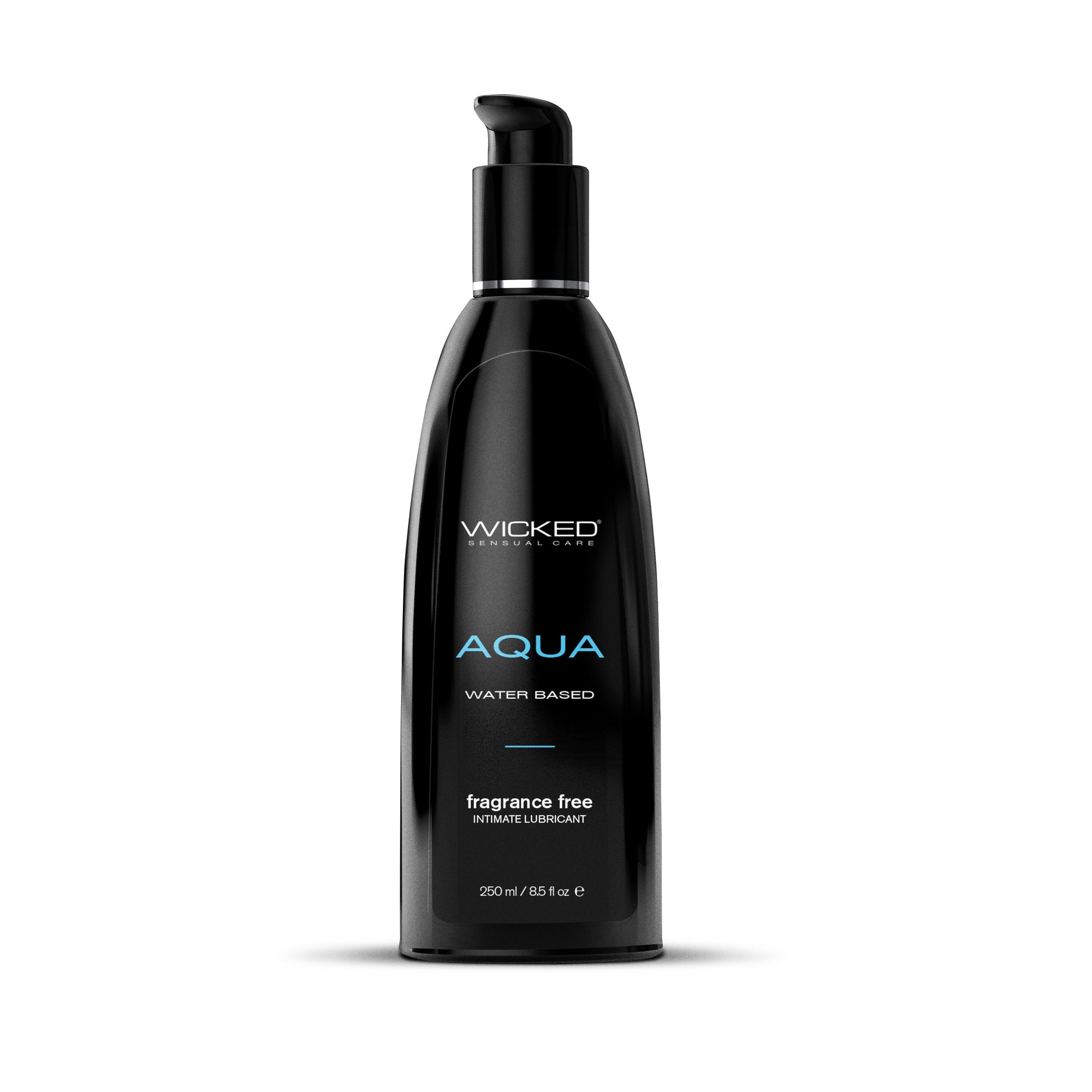 A black bottle of Wicked Aqua water-based, fragrance-free intimate lubricant.