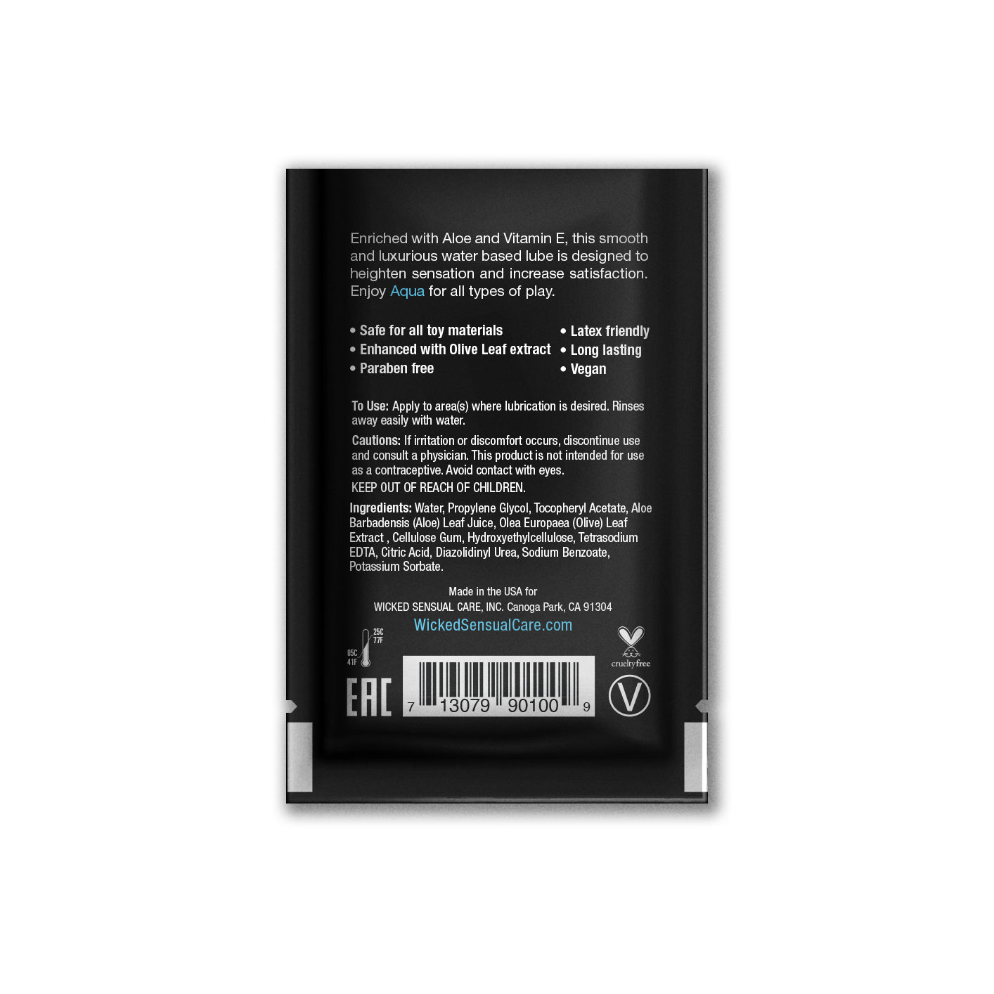 A sachet of Aqua Water-Based Lubricant with Aloe and Vitamin E.