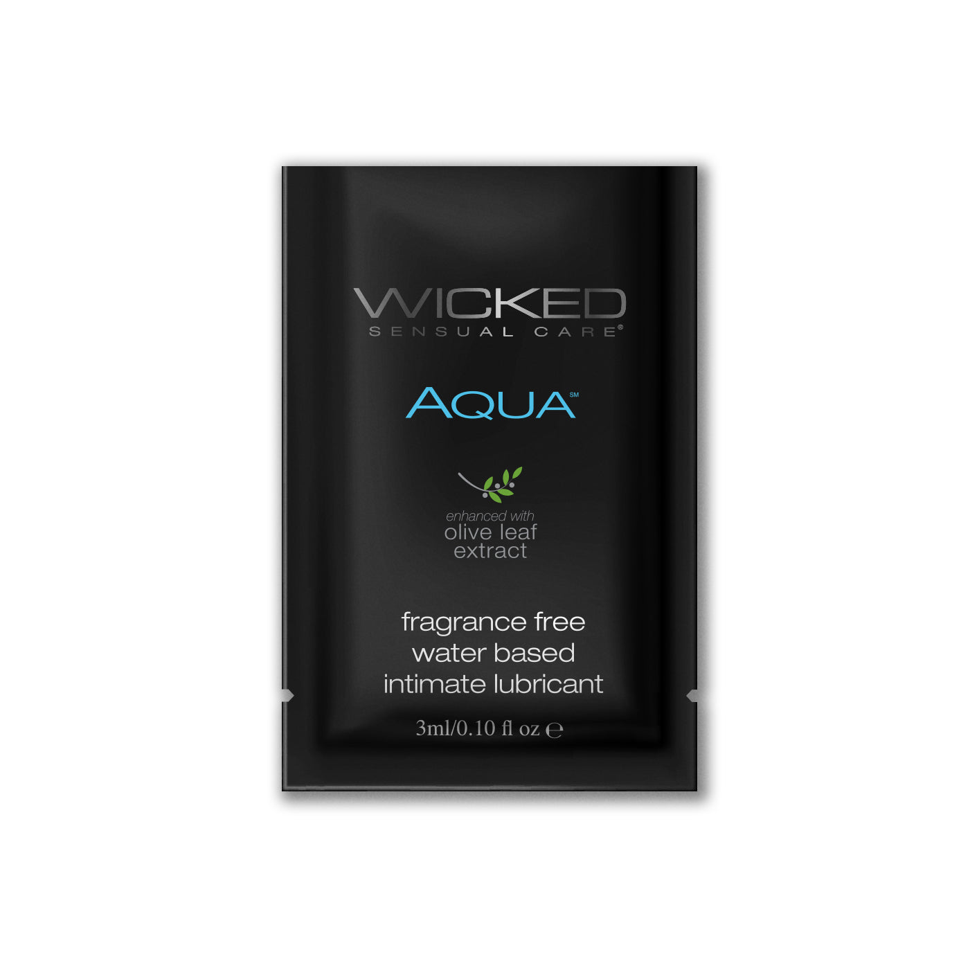 Wicked Aqua water-based lubricant sachet with olive leaf extract.