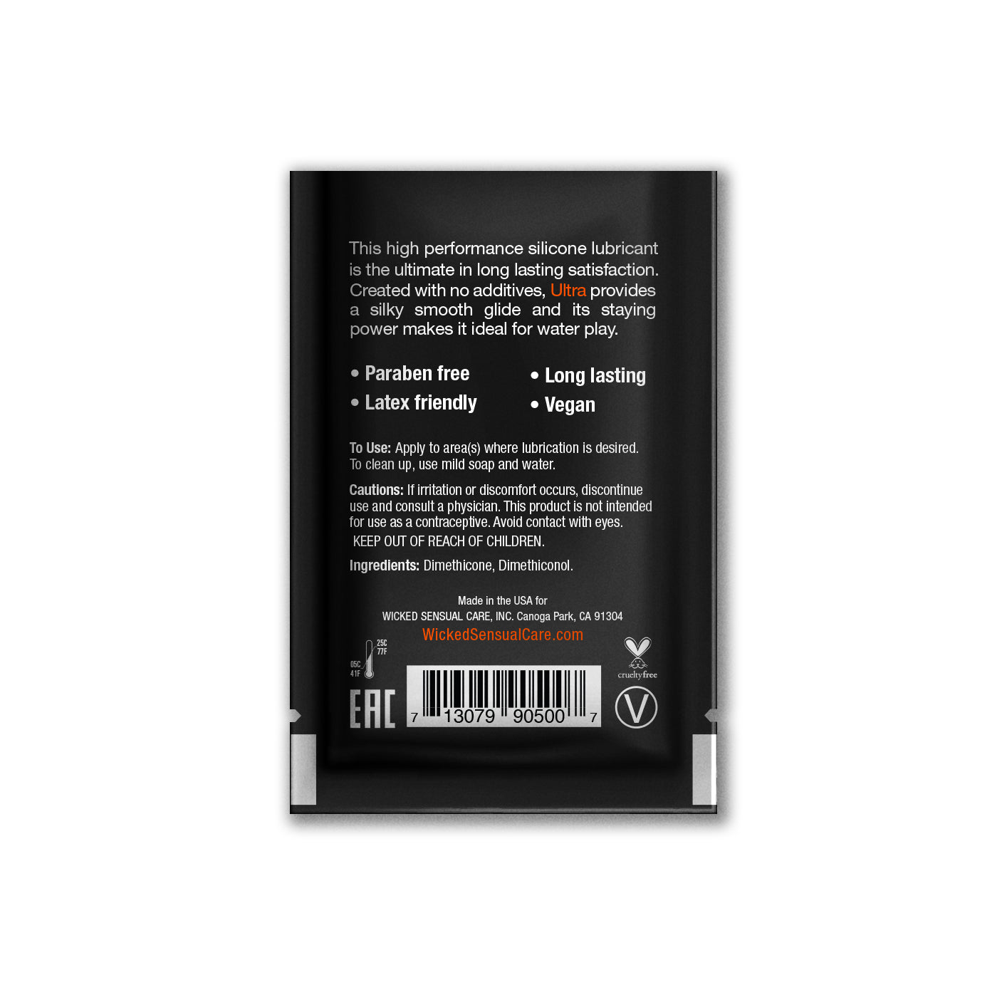 Silicone personal lubricant sachet with "Paraben free" and "Vegan" labels.