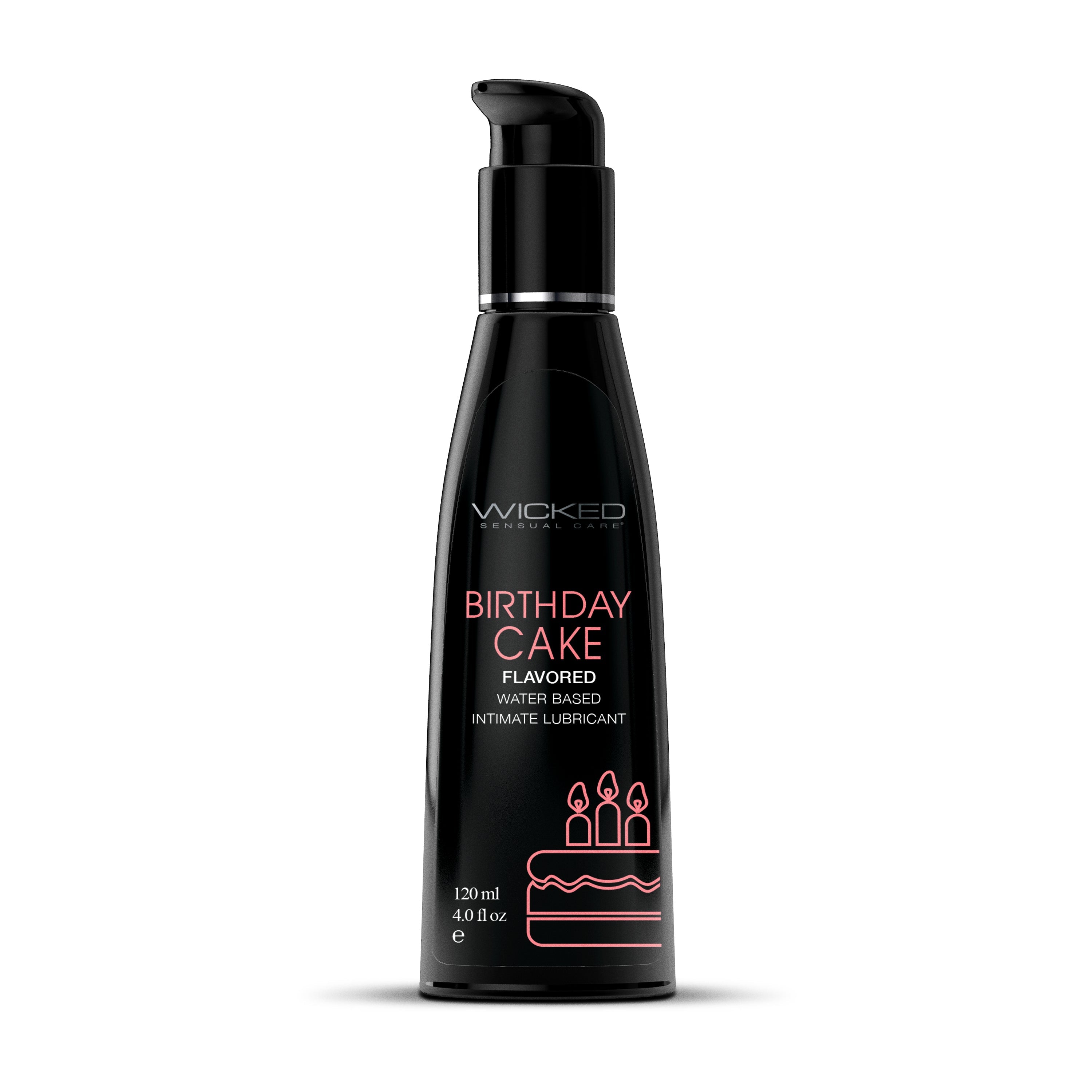 Black bottle of Wicked Birthday Cake flavored water-based lubricant.