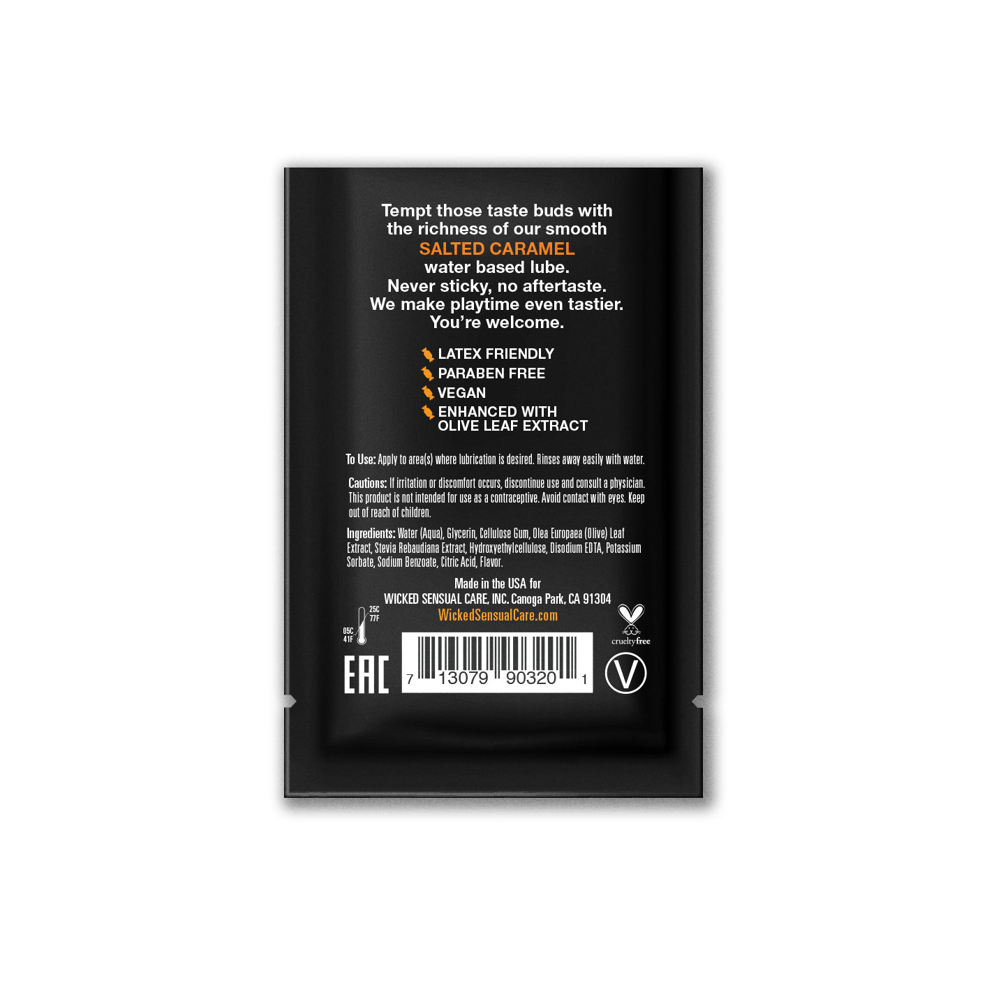 Salted Caramel water based lubricant sachet with vegan and cruelty free certifications.