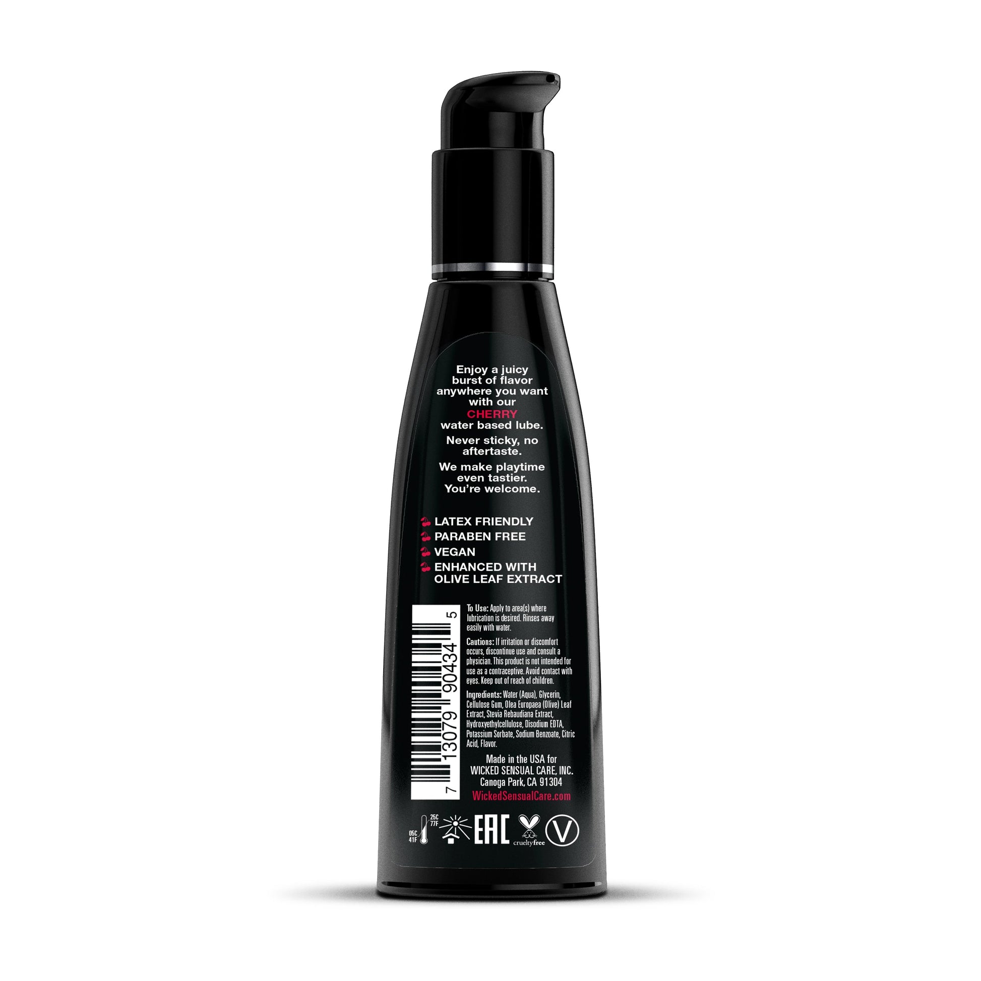Black bottle of cherry flavored water-based lubricant with pump dispenser.