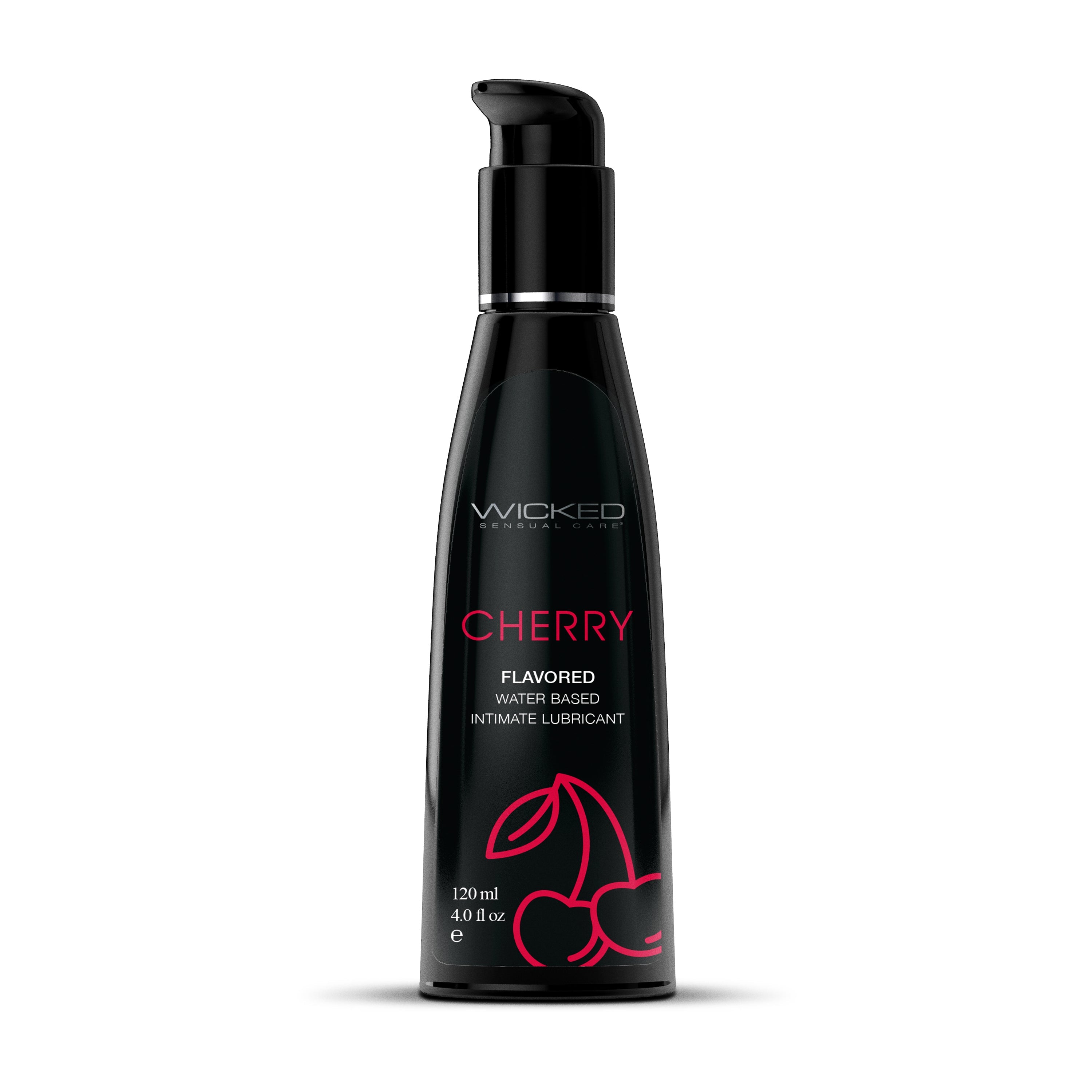 Black bottle of Wicked Aqua Cherry flavored water-based intimate lubricant.