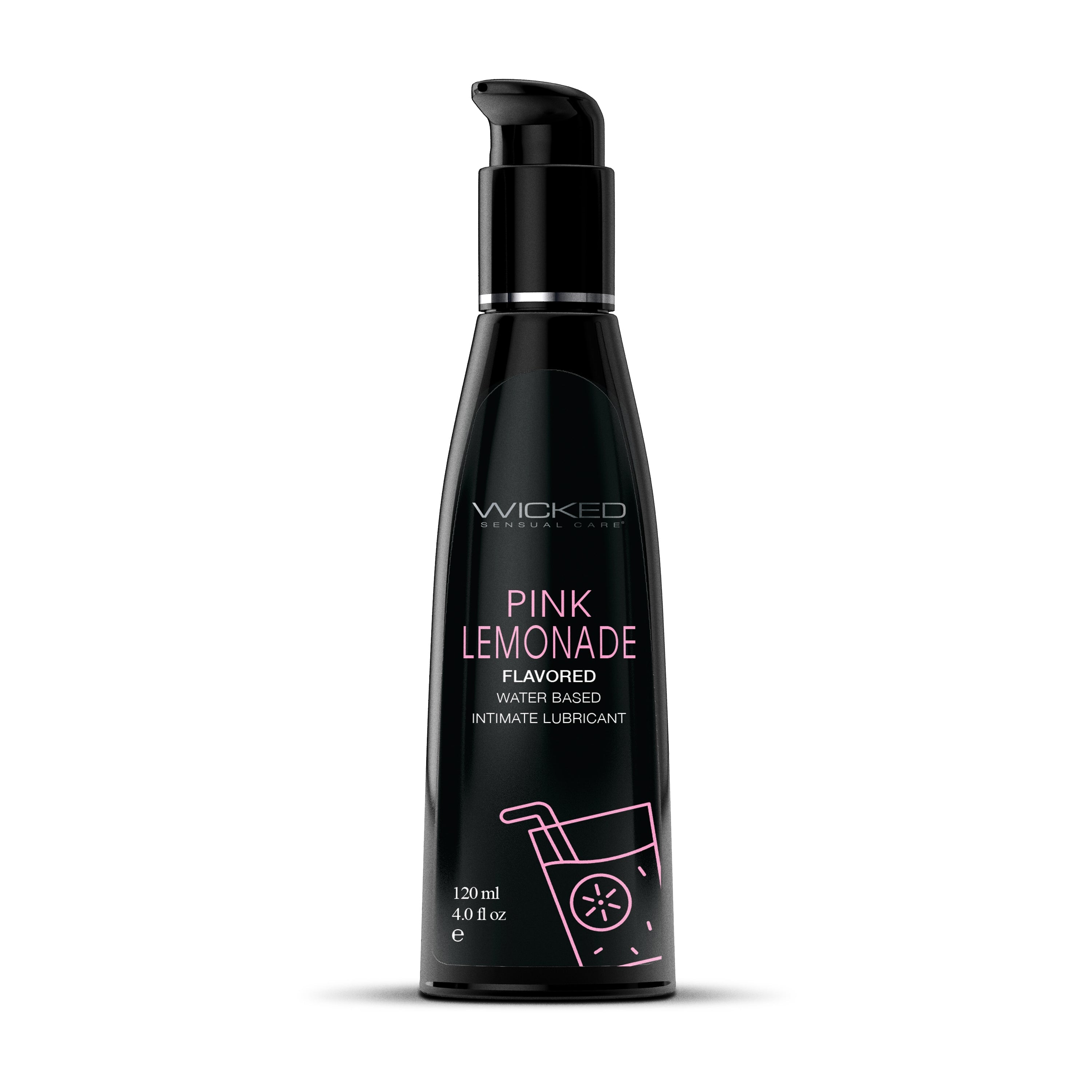 Black bottle of Wicked Pink Lemonade flavored water-based intimate lubricant.