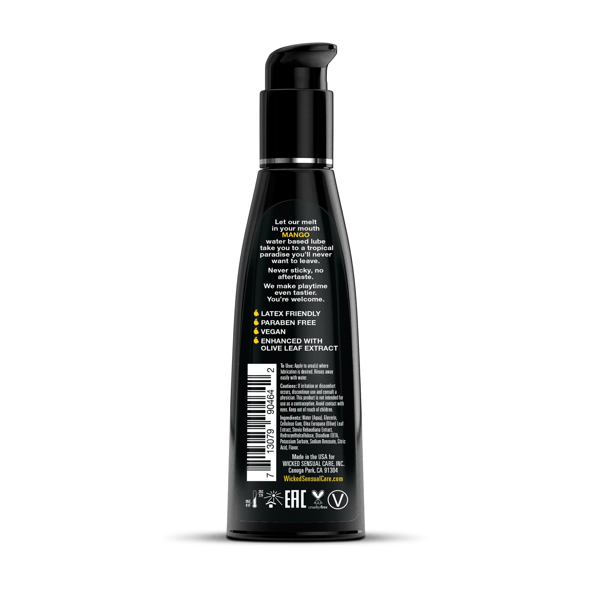 Black bottle of Mango flavored water-based lubricant with vegan and paraben-free labels.