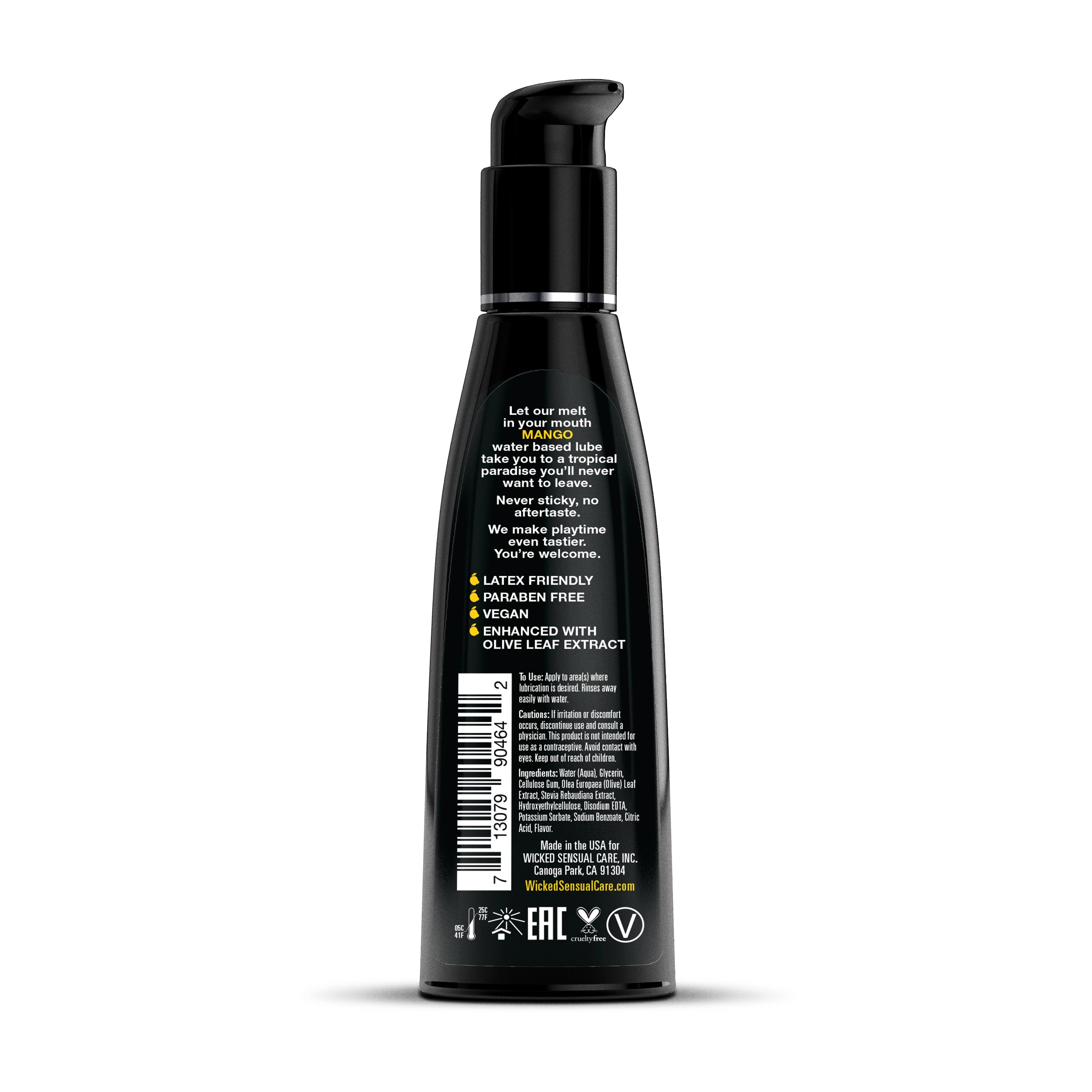Black bottle of Mango flavored water-based lubricant with vegan and paraben-free labels.