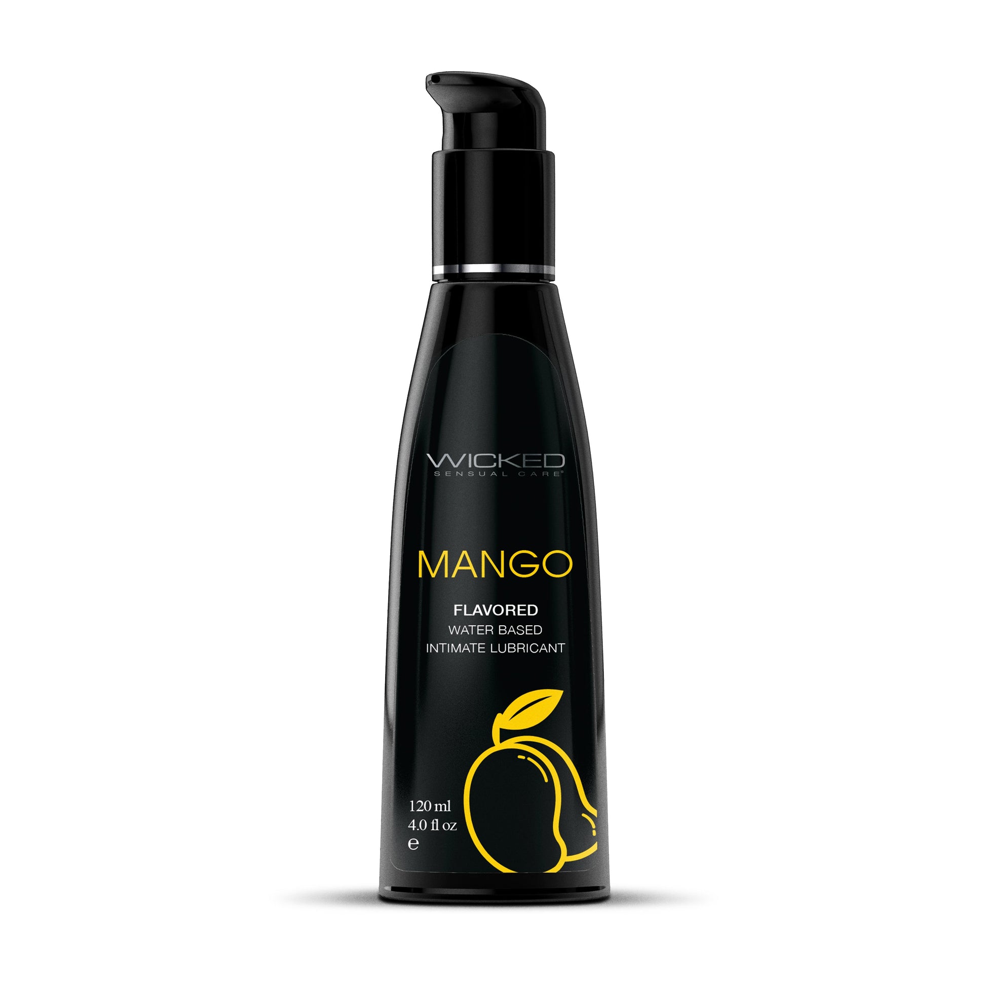 Black bottle of Wicked Mango flavored water-based intimate lubricant.