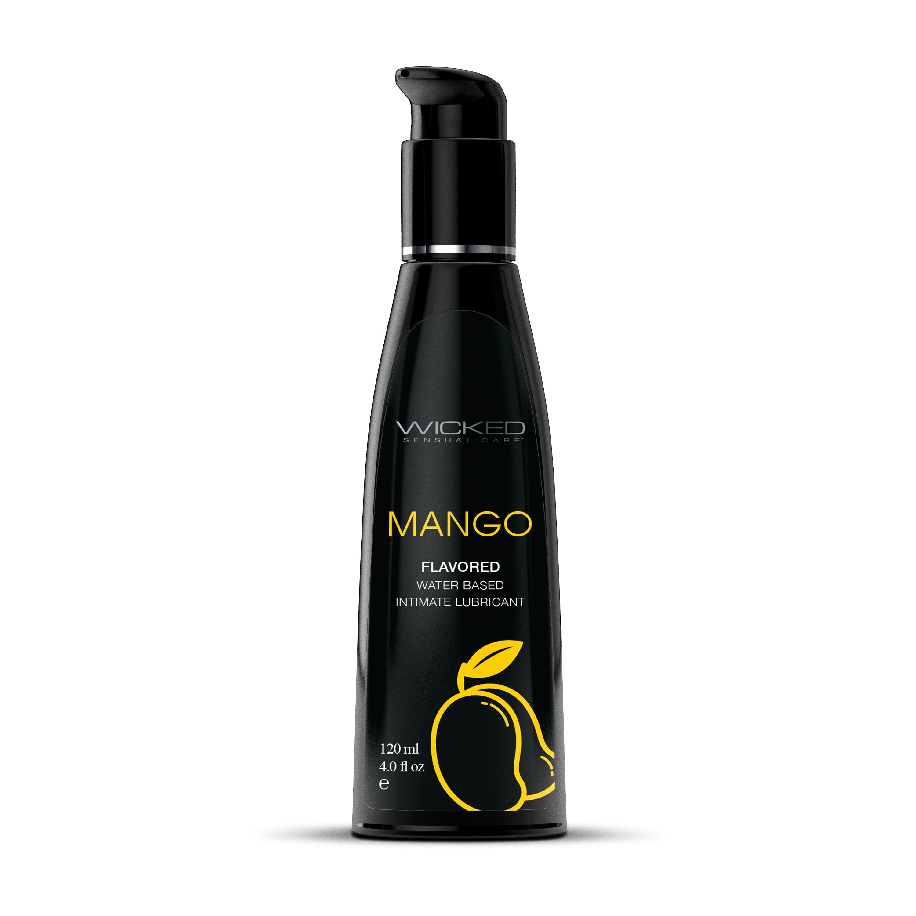 Black bottle of Wicked Mango flavored water-based intimate lubricant.