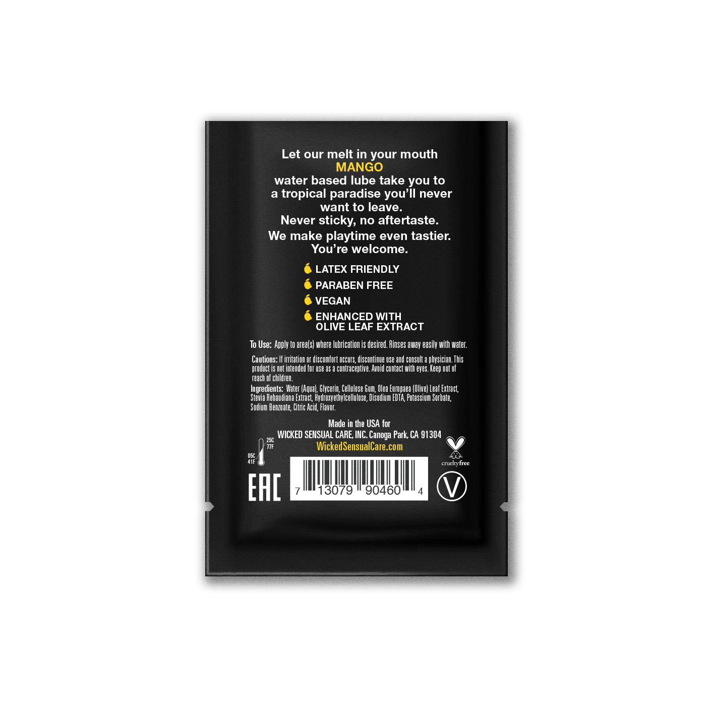 Mango flavored water-based lubricant sachet with latex-friendly and vegan claims.