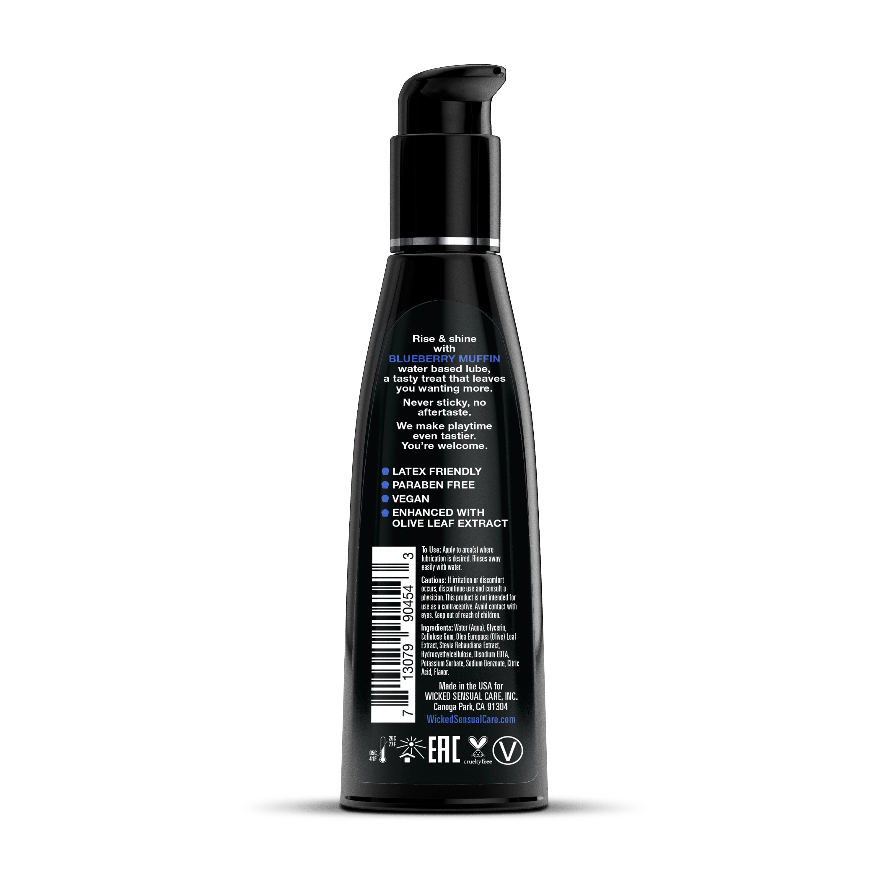Black bottle of Blueberry Muffin water-based lube, vegan and paraben-free.