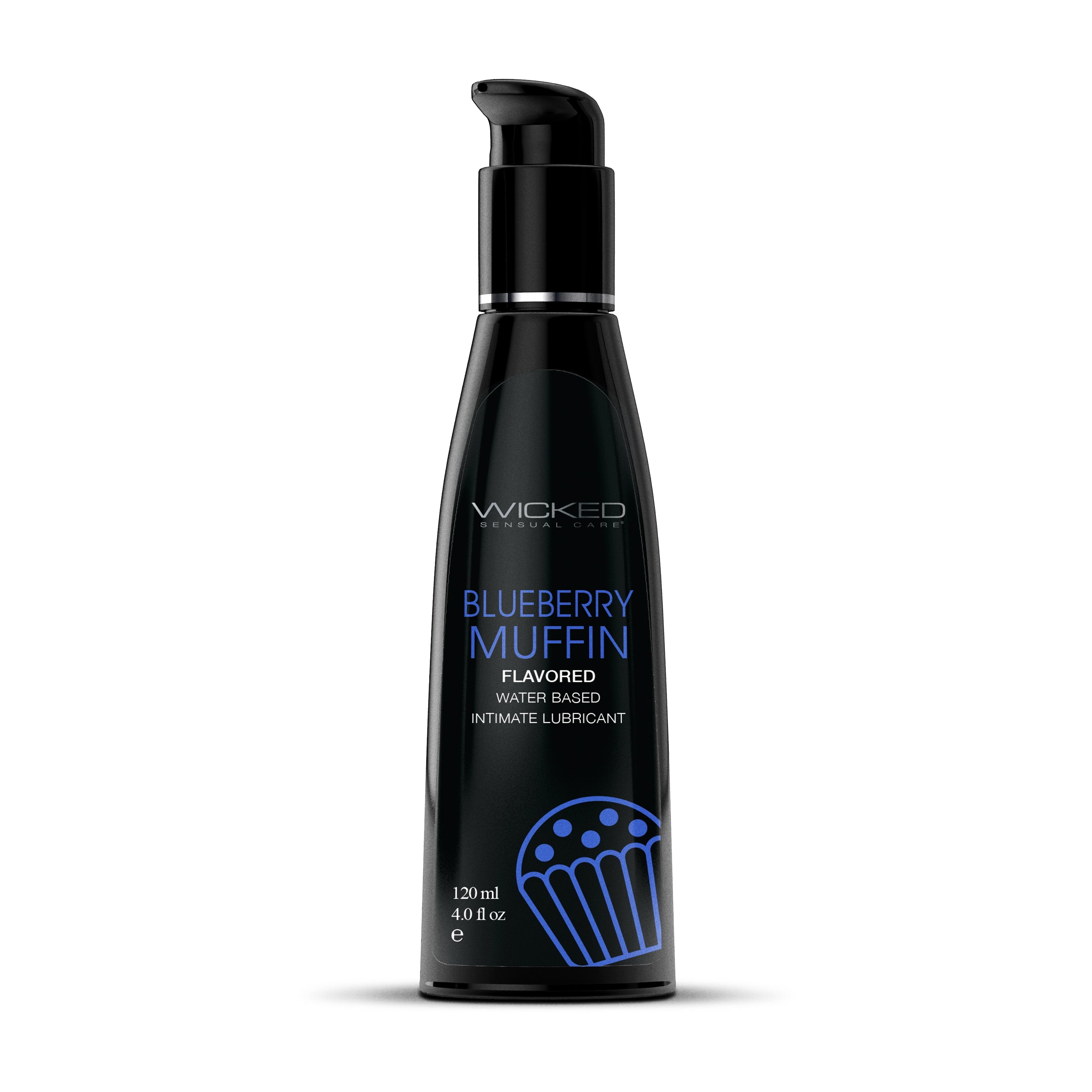 Black bottle of Wicked Blueberry Muffin flavored water-based intimate lubricant.