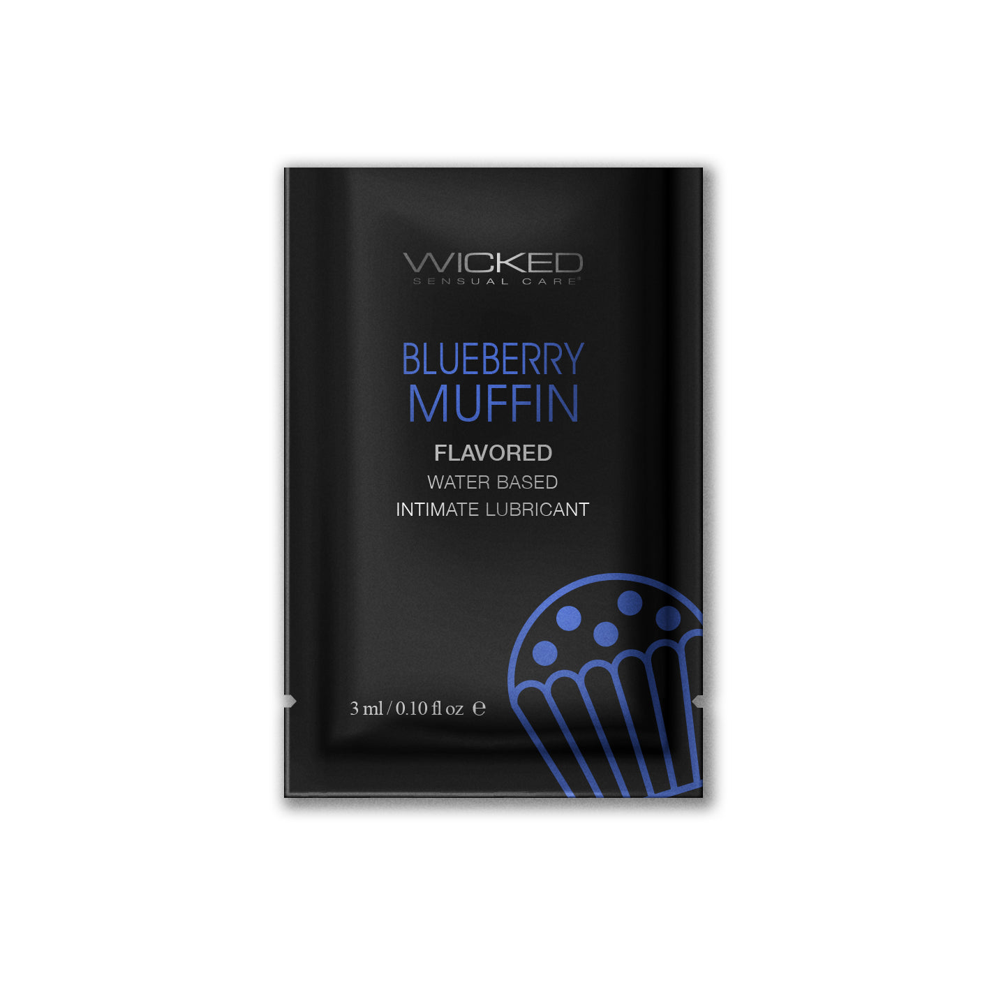 Wicked Blueberry Muffin flavored water-based intimate lubricant sachet.