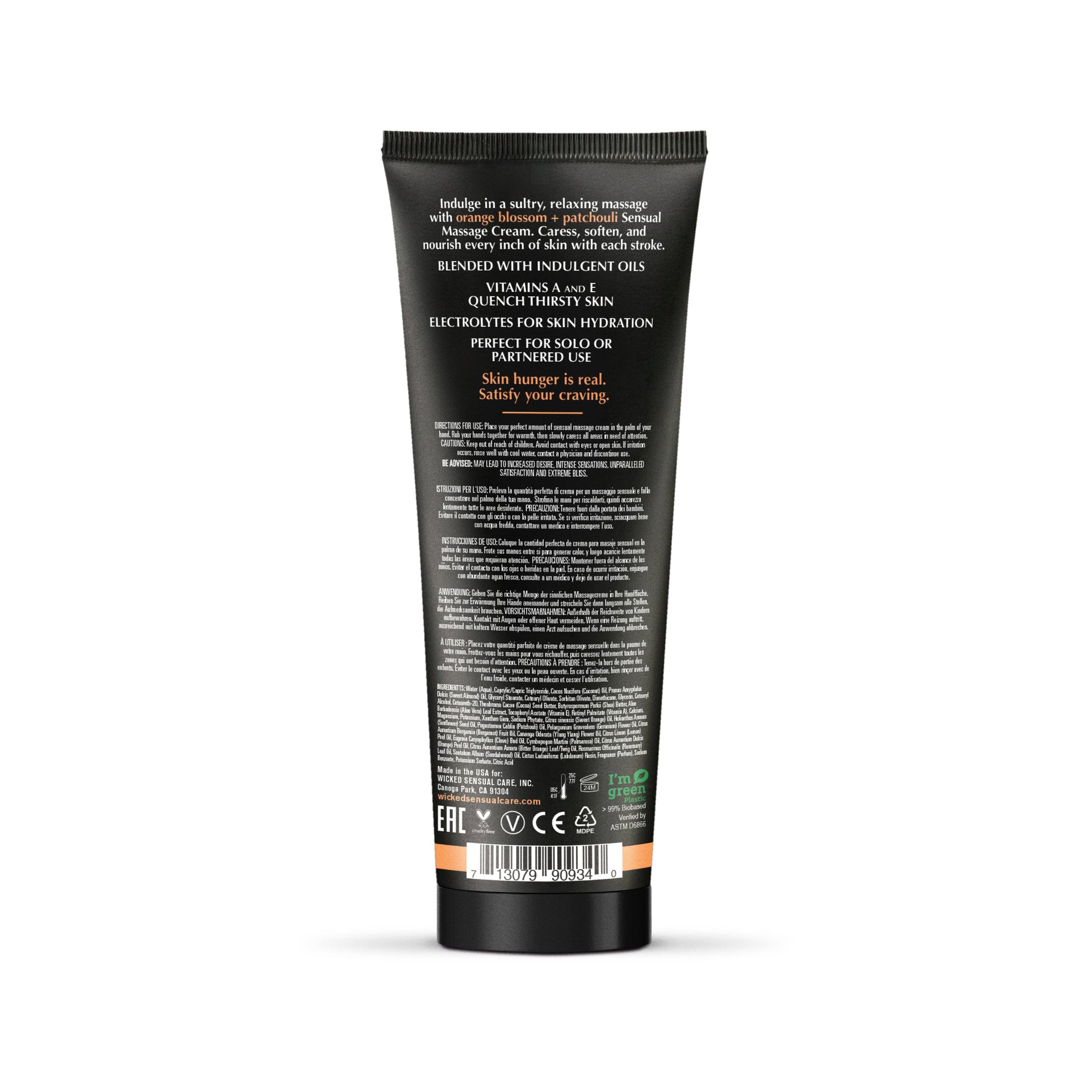 Orange Blossom & Patchouli Sensual Massage Cream tube with product information.