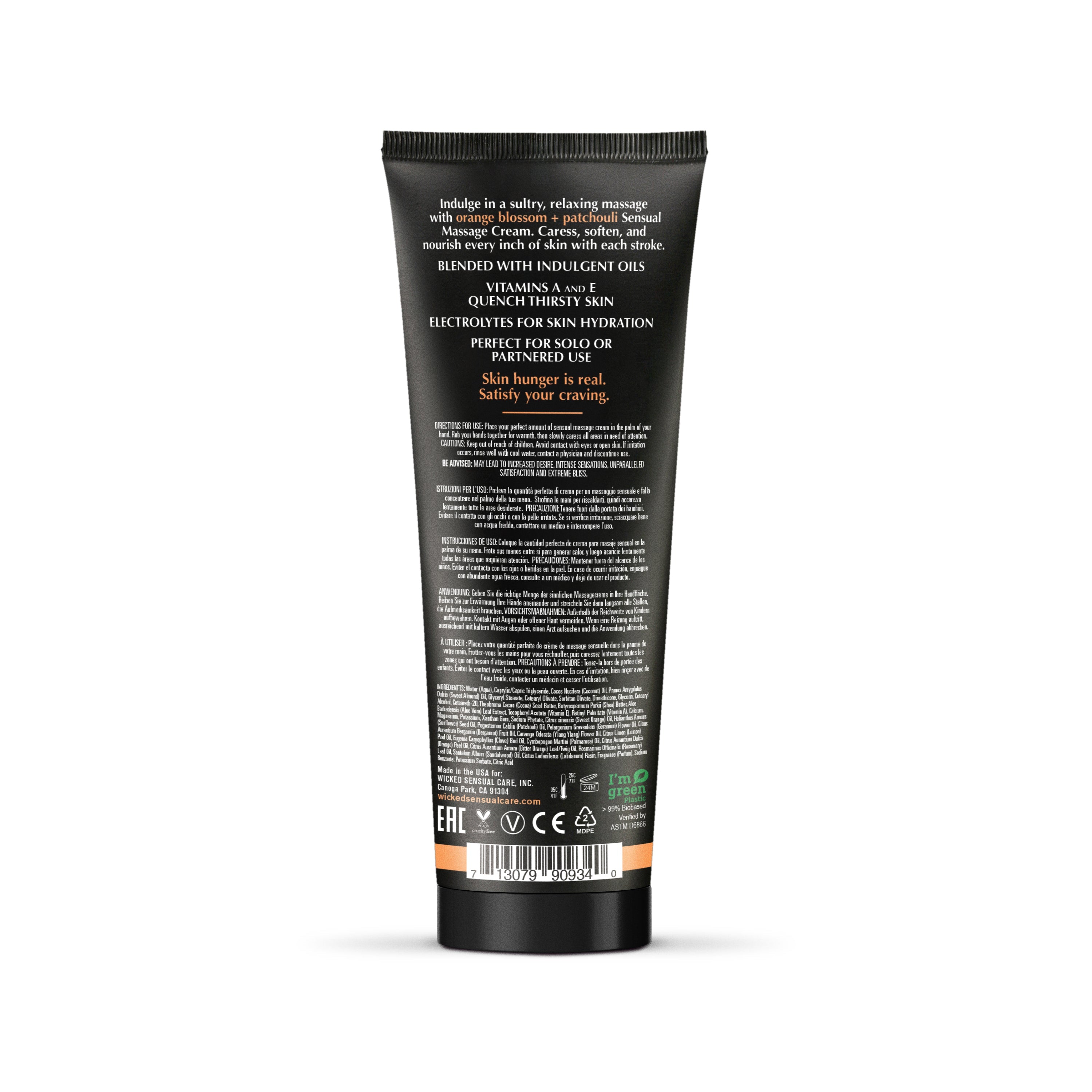 Orange Blossom & Patchouli Sensual Massage Cream tube with product information.