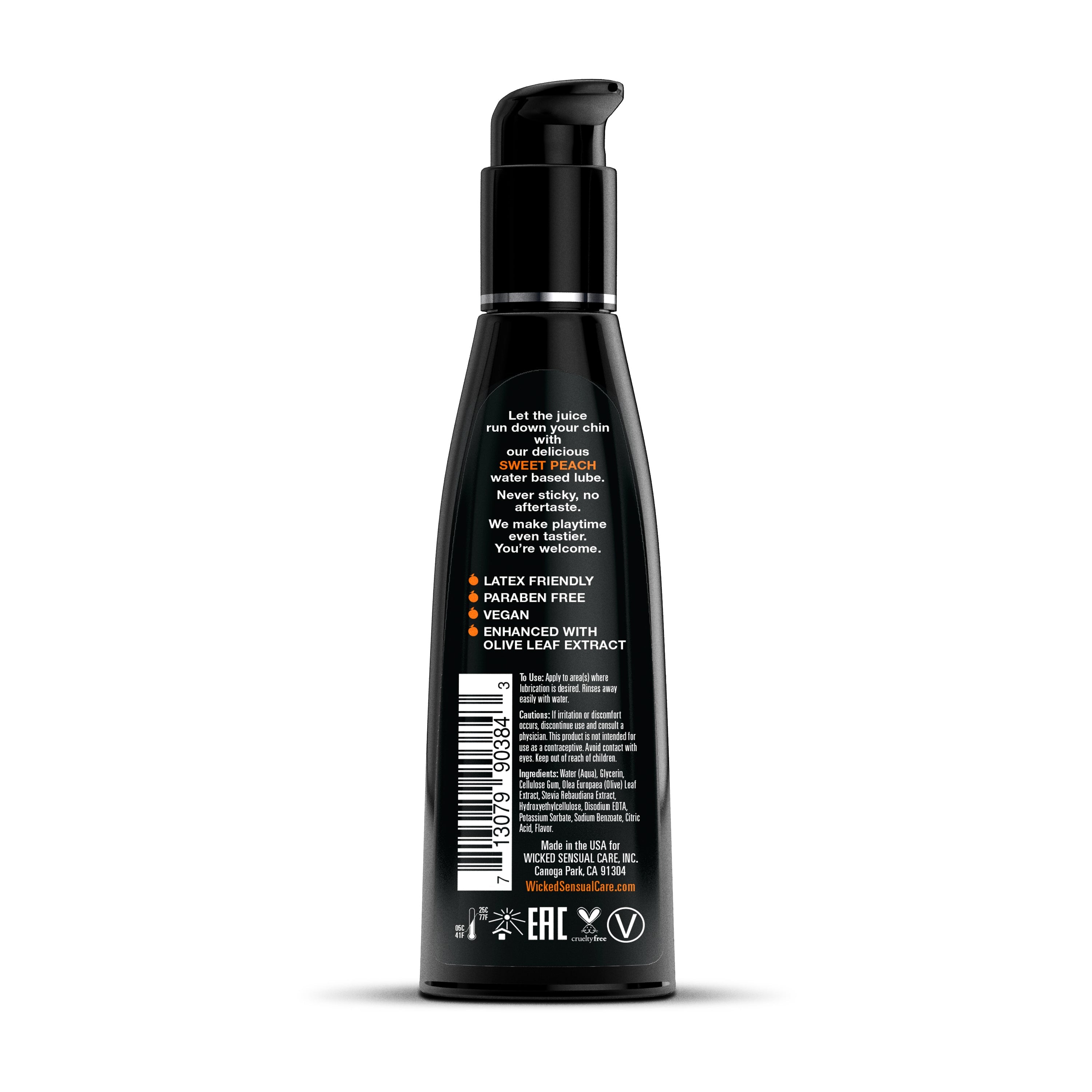 Sweet Peach water-based lubricant with pump dispenser.