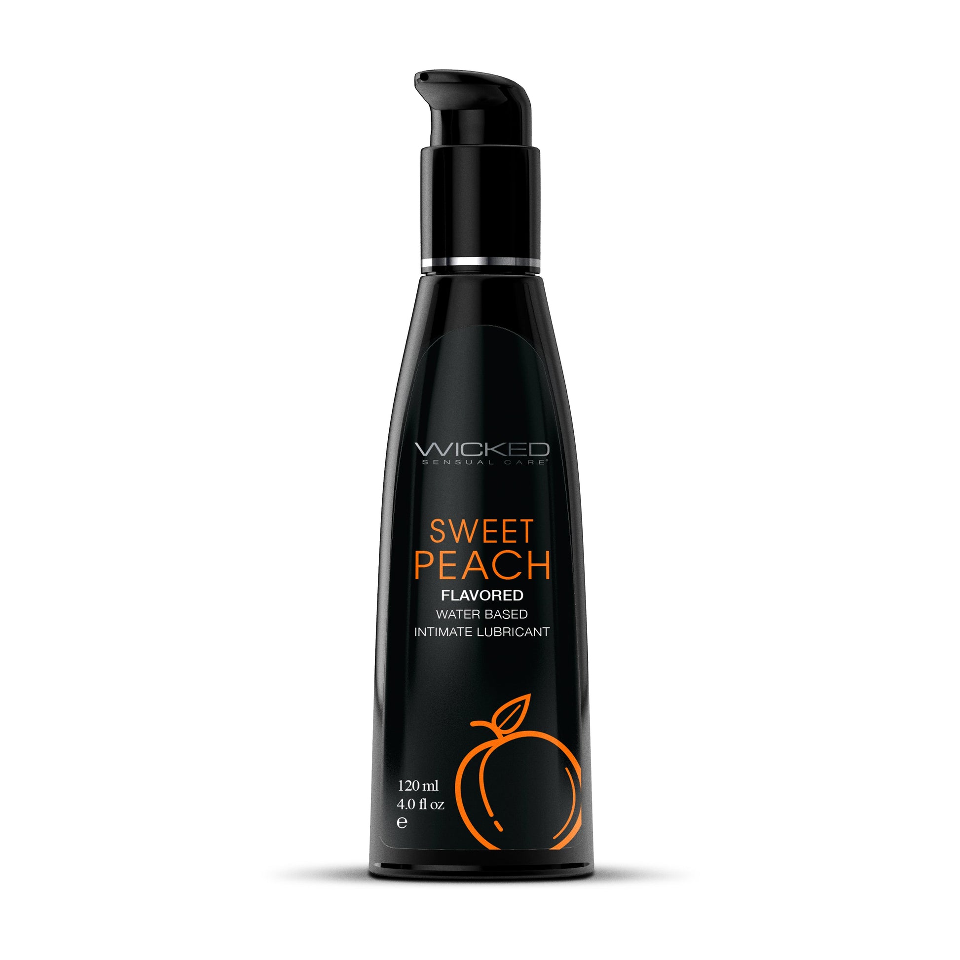 Wicked Sweet Peach flavored water-based intimate lubricant in a black pump bottle.