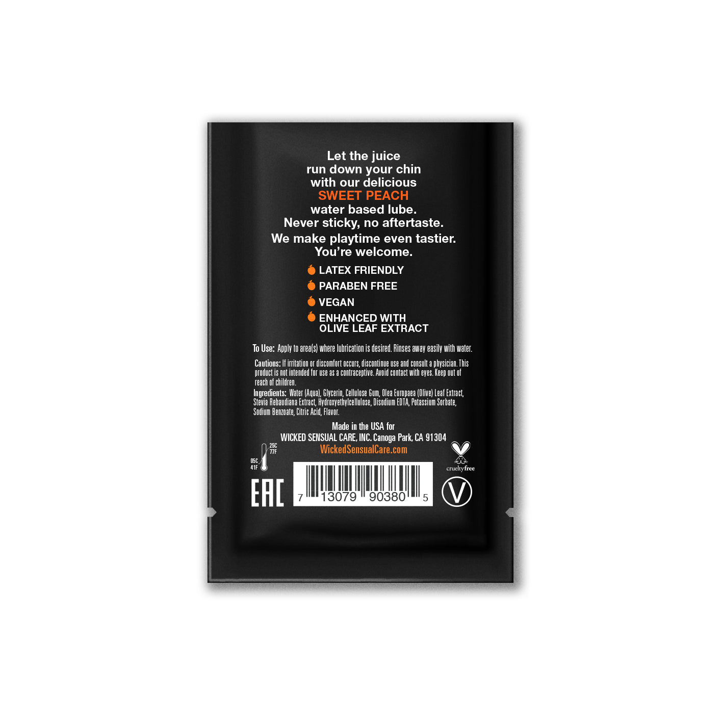 Sweet Peach water-based lubricant sachet with olive leaf extract.