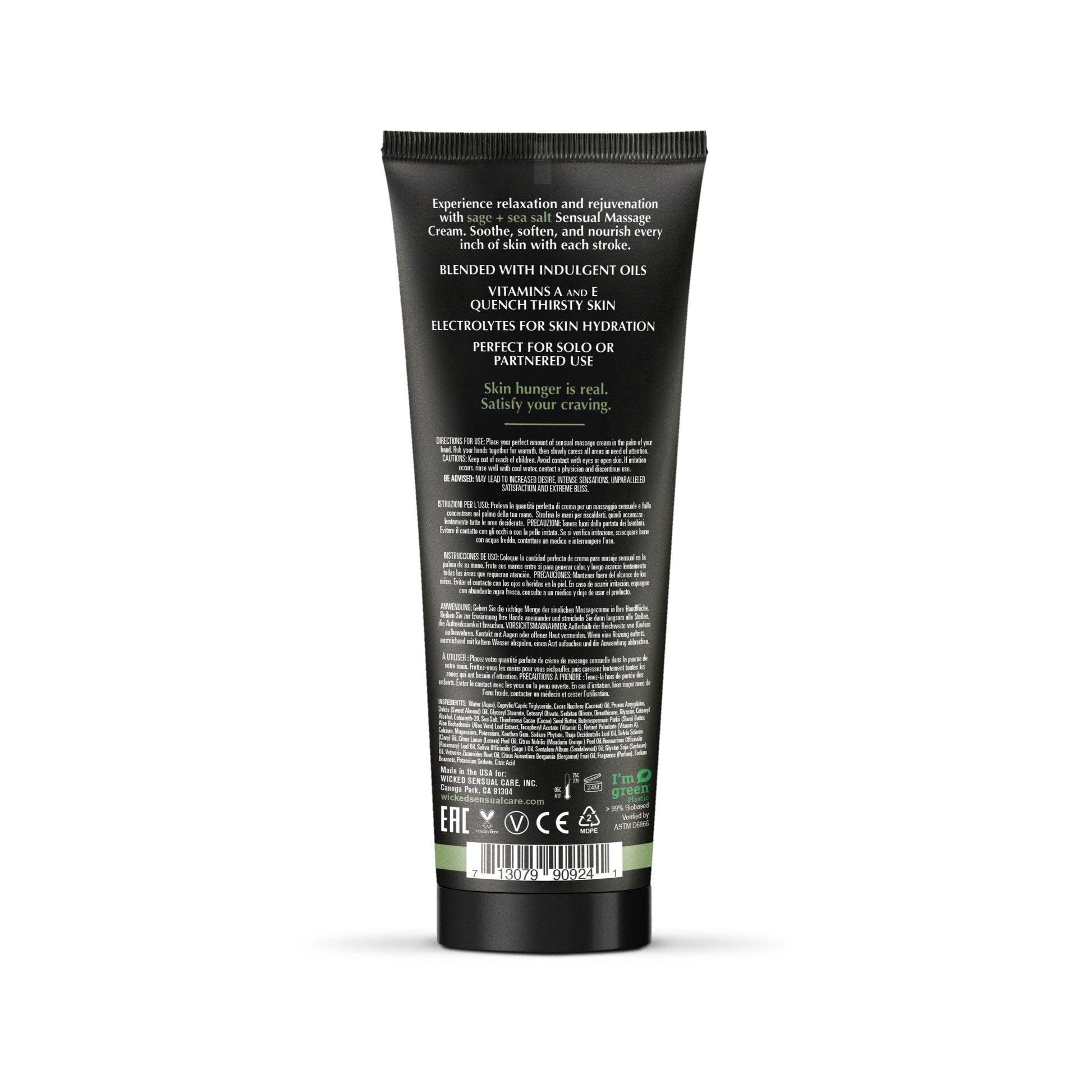 Black tube of Sage + Sea Salt Sensual Massage Cream with text and ingredients.