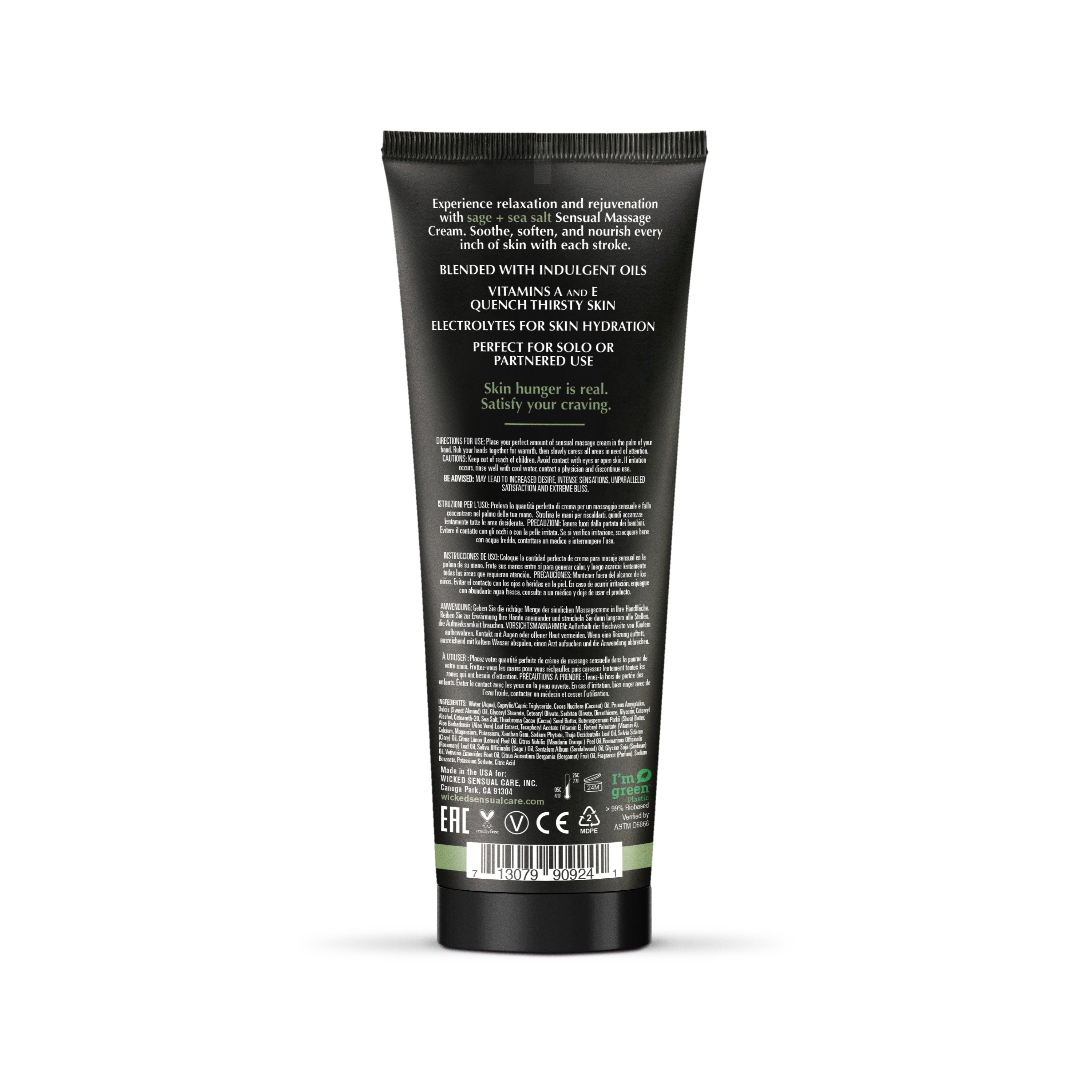 Black tube of Sage + Sea Salt Sensual Massage Cream with text and ingredients.