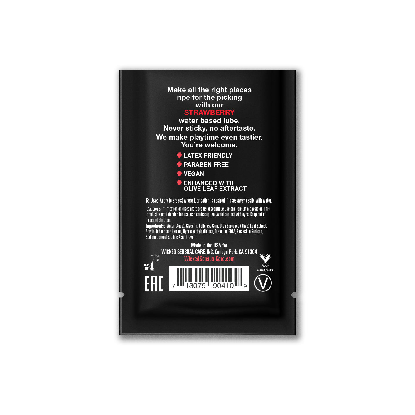 Strawberry water-based personal lubricant sachet with vegan and latex-friendly claims.