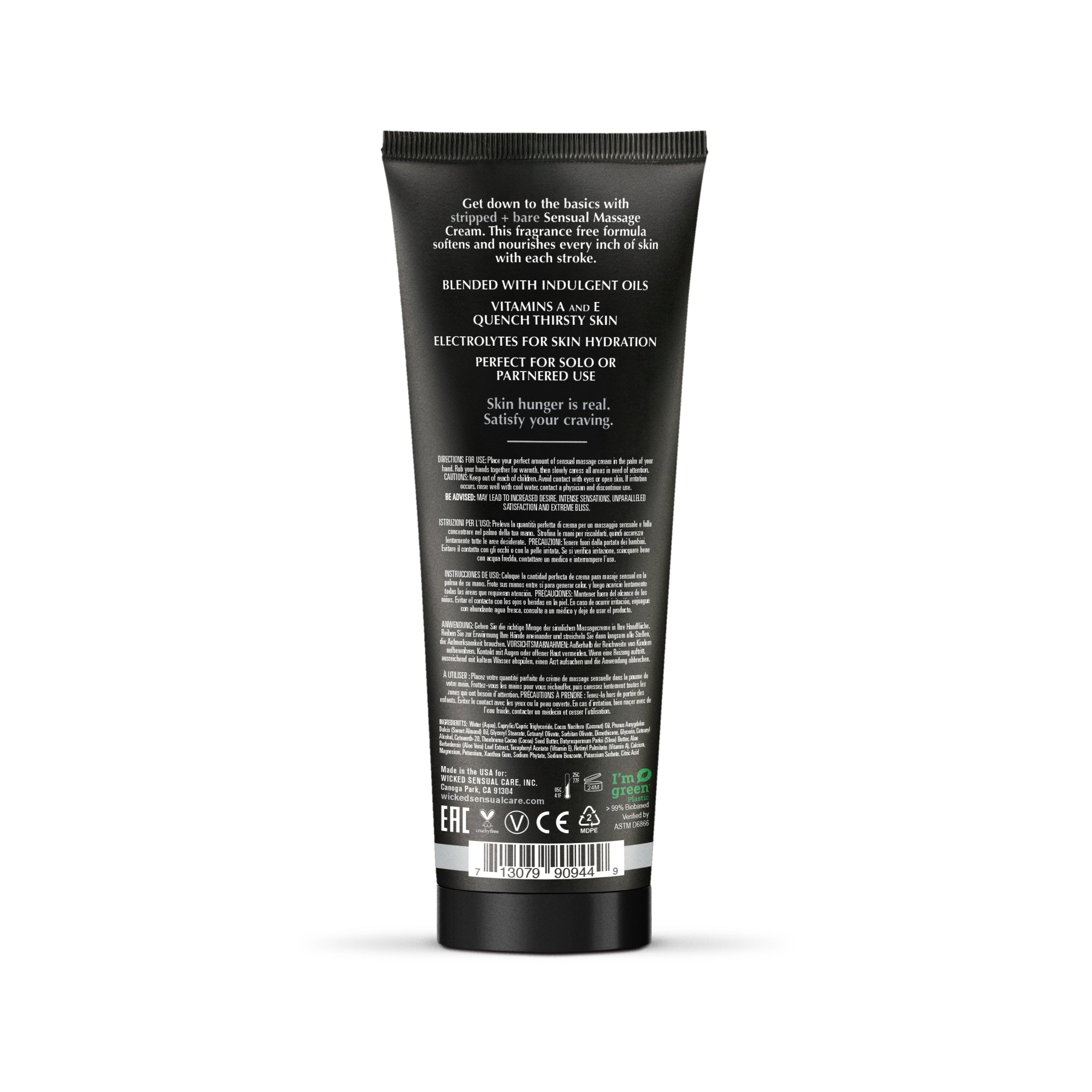 Black tube of fragrance-free sensual massage cream with white text.