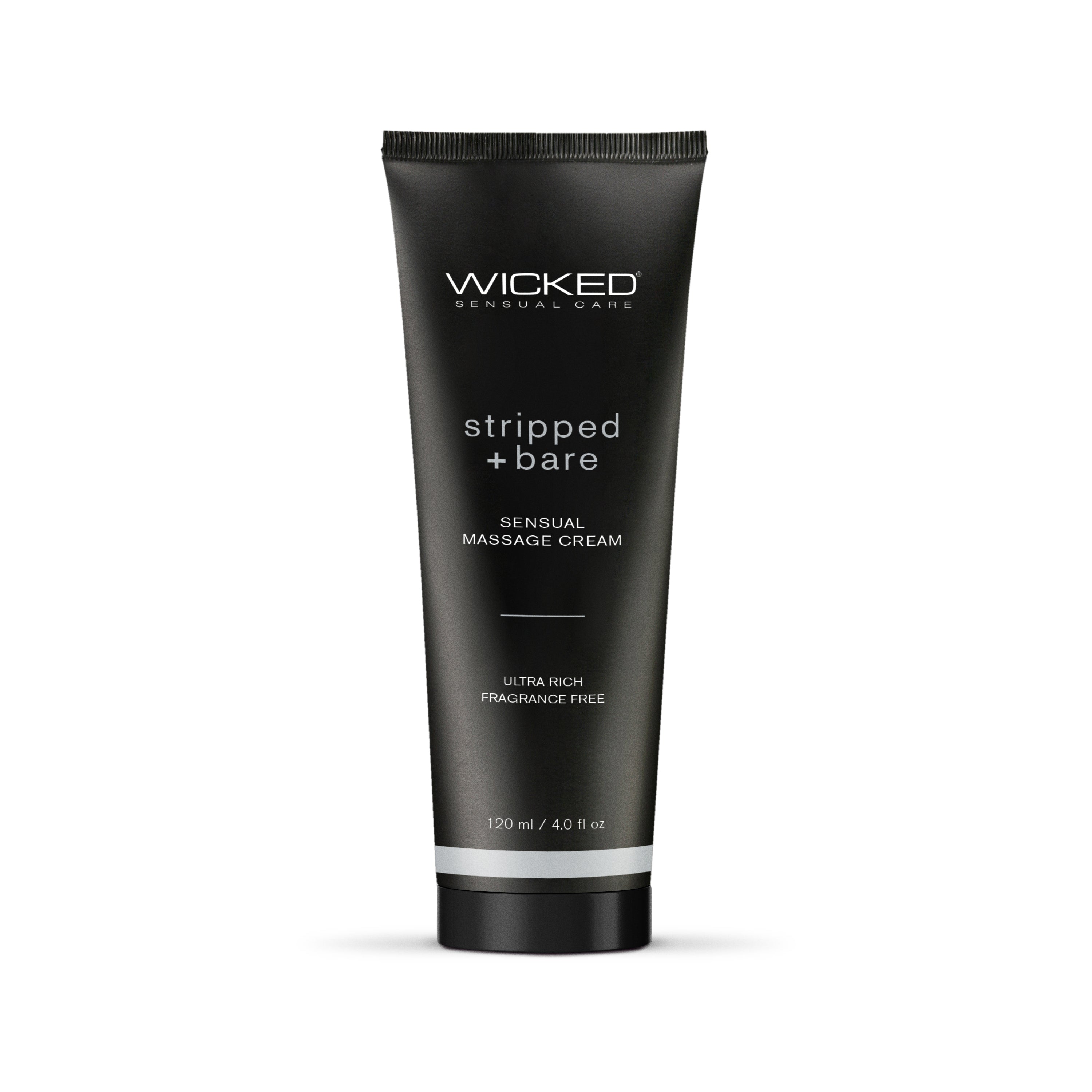 Black tube of Wicked Stripped + Bare sensual massage cream.