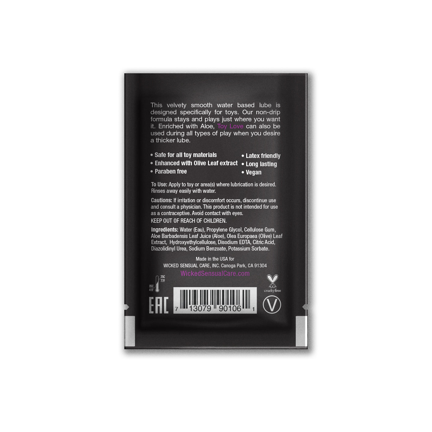 A sachet of Toy Love Thick Gel Lubricant with aloe and olive leaf extract.