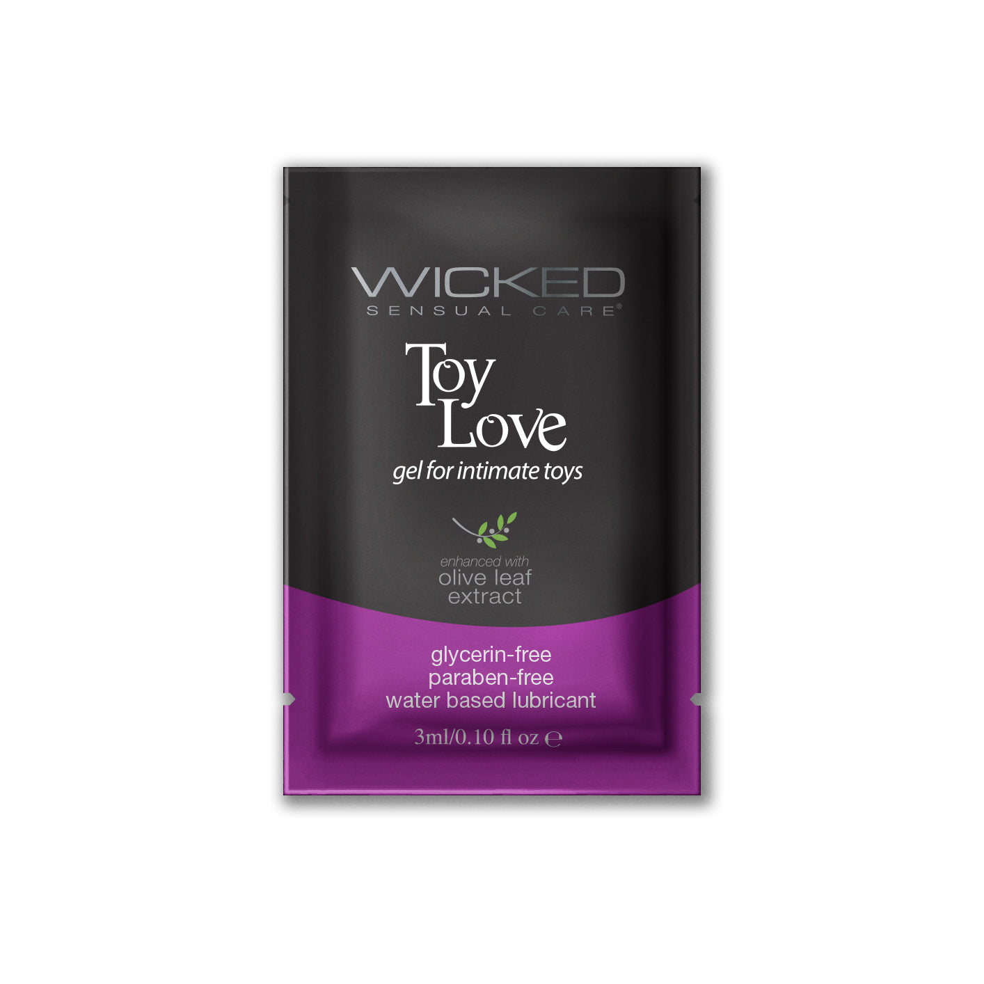 Wicked Toy Love gel for intimate toys, enhanced with olive leaf extract.