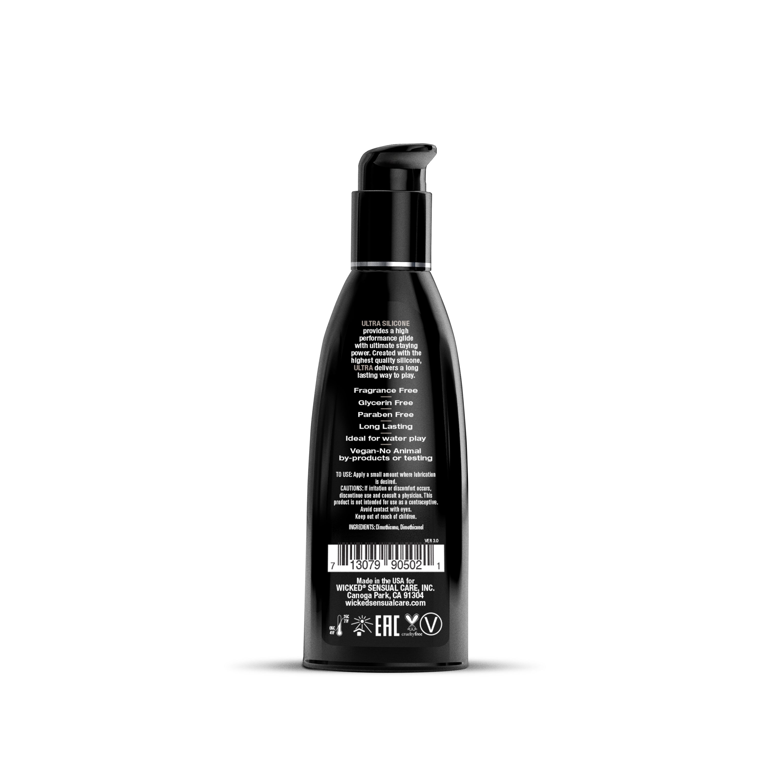 Black bottle of Wicked Ultra Silicone Personal Lubricant with product information.