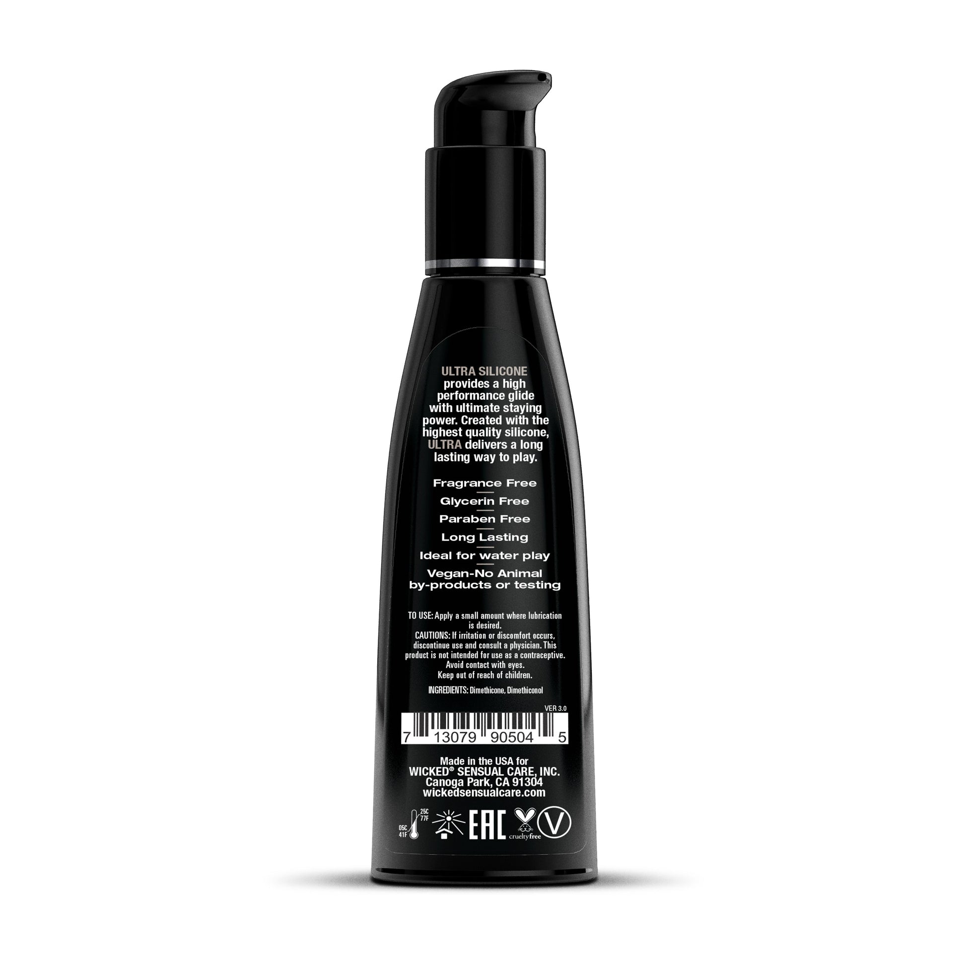 Black bottle of Wicked Ultra Silicone Personal Lubricant with product information.