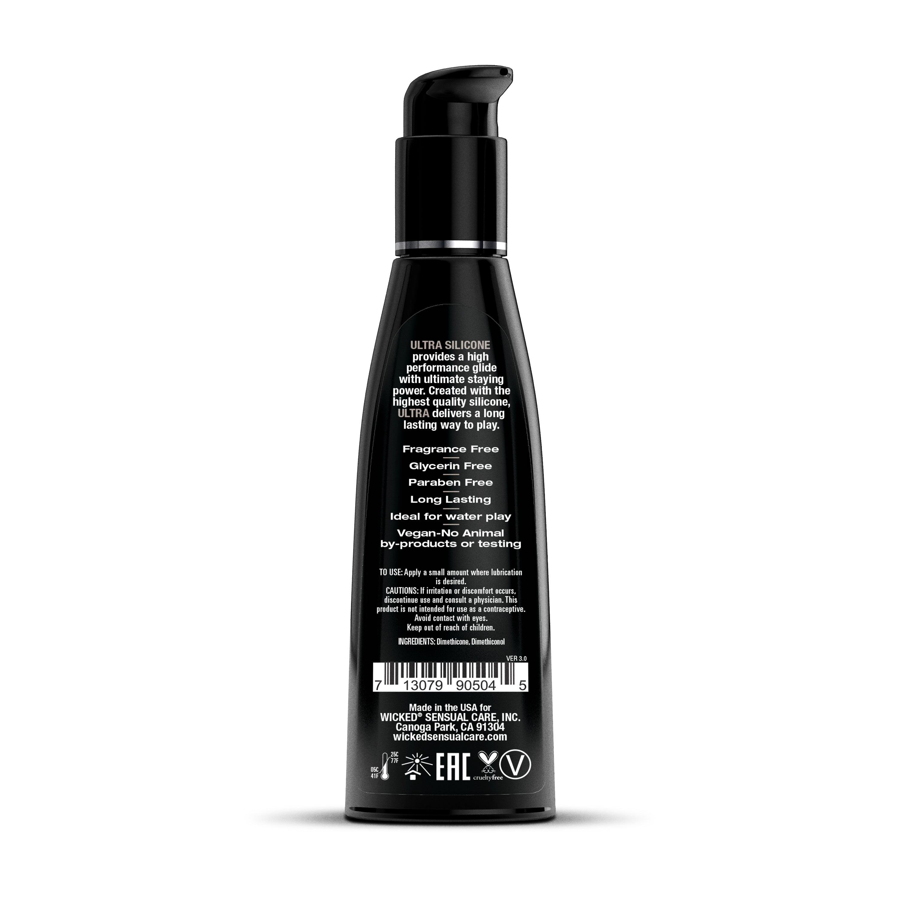 Black bottle of Wicked Ultra Silicone Personal Lubricant with product information.