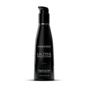 A black bottle of Wicked Ultra Silicone Fragrance Free Intimate Lubricant.