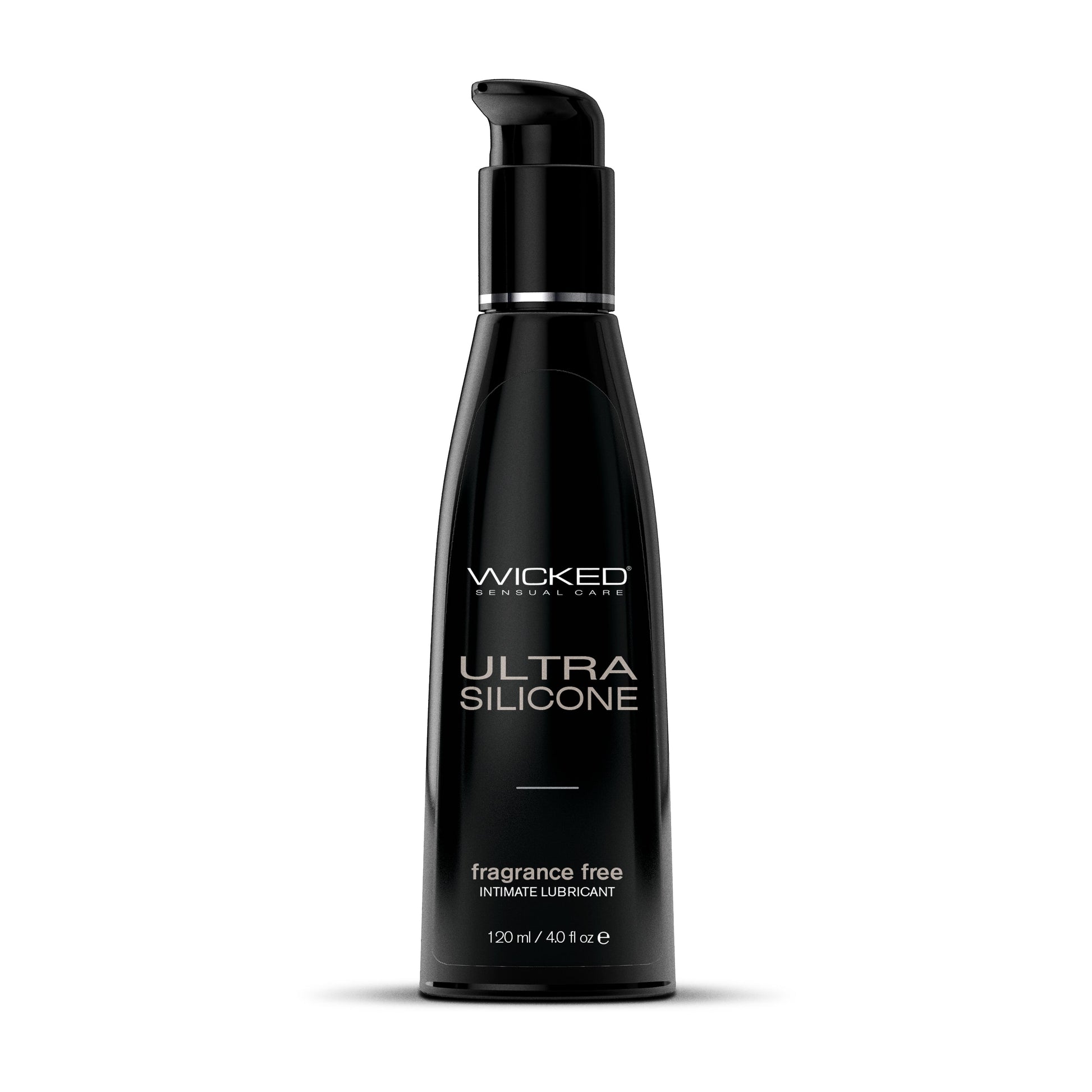 A black bottle of Wicked Ultra Silicone Fragrance Free Intimate Lubricant.