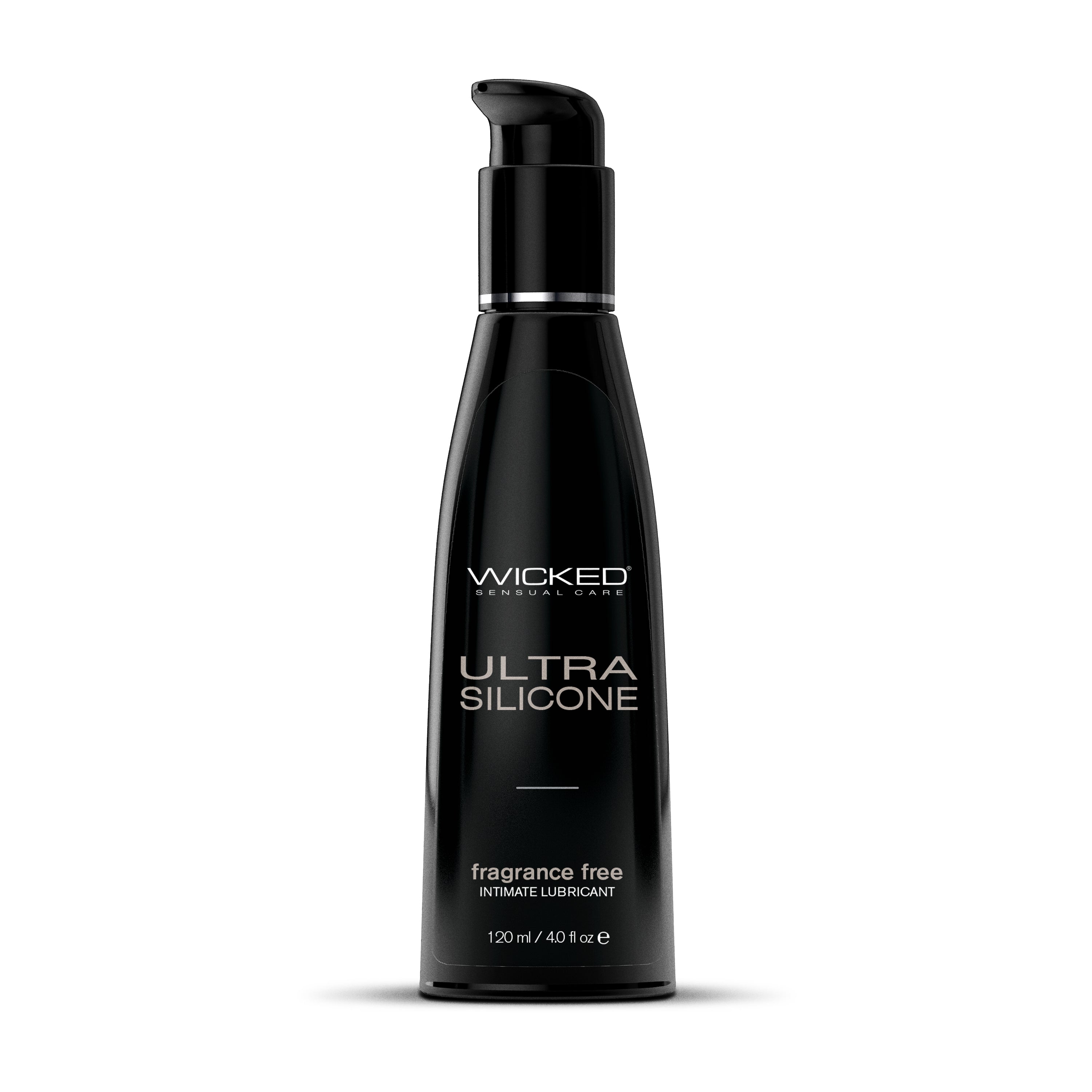 A black bottle of Wicked Ultra Silicone Fragrance Free Intimate Lubricant.