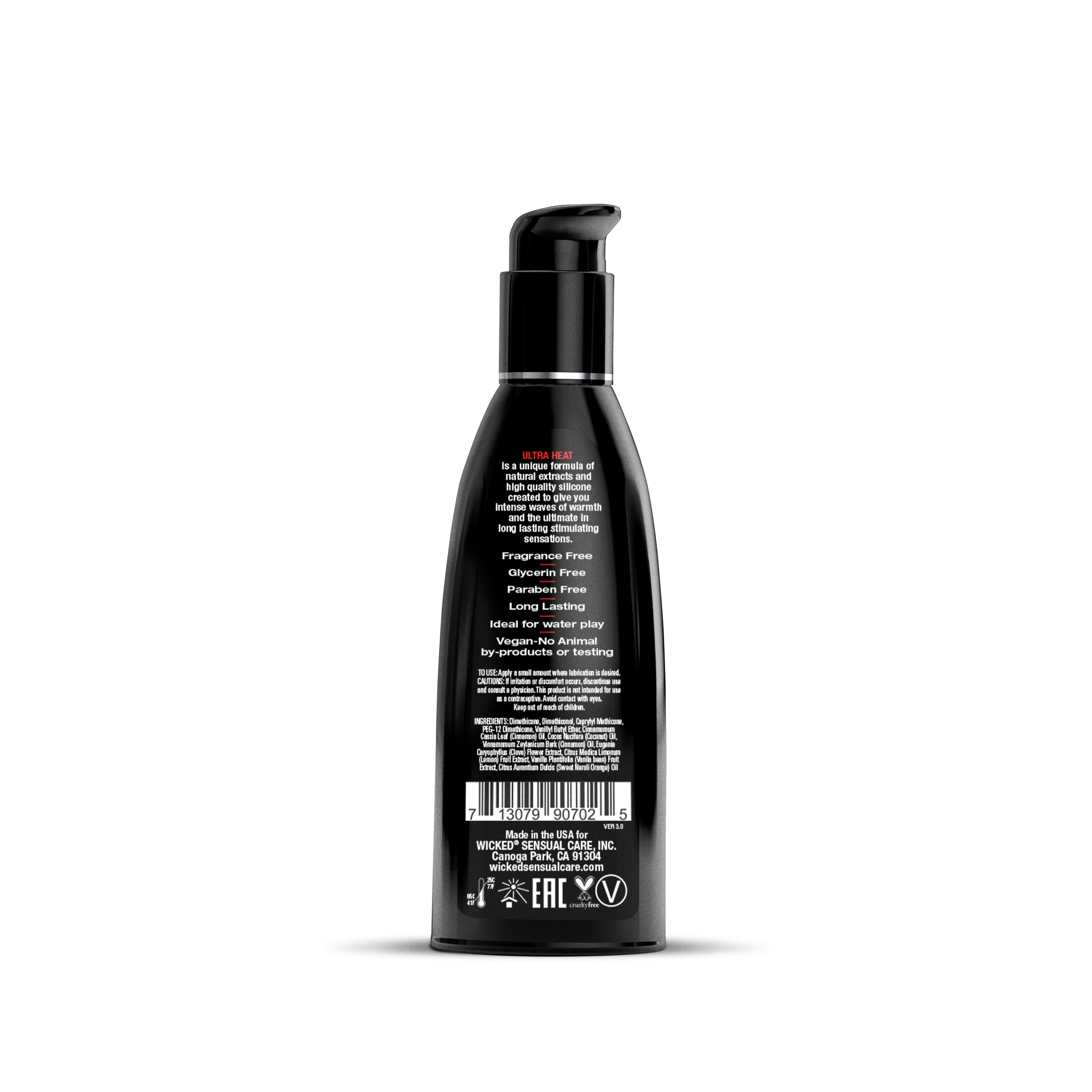 Black bottle of Wicked Ultra Heat warming silicone lubricant with product information.