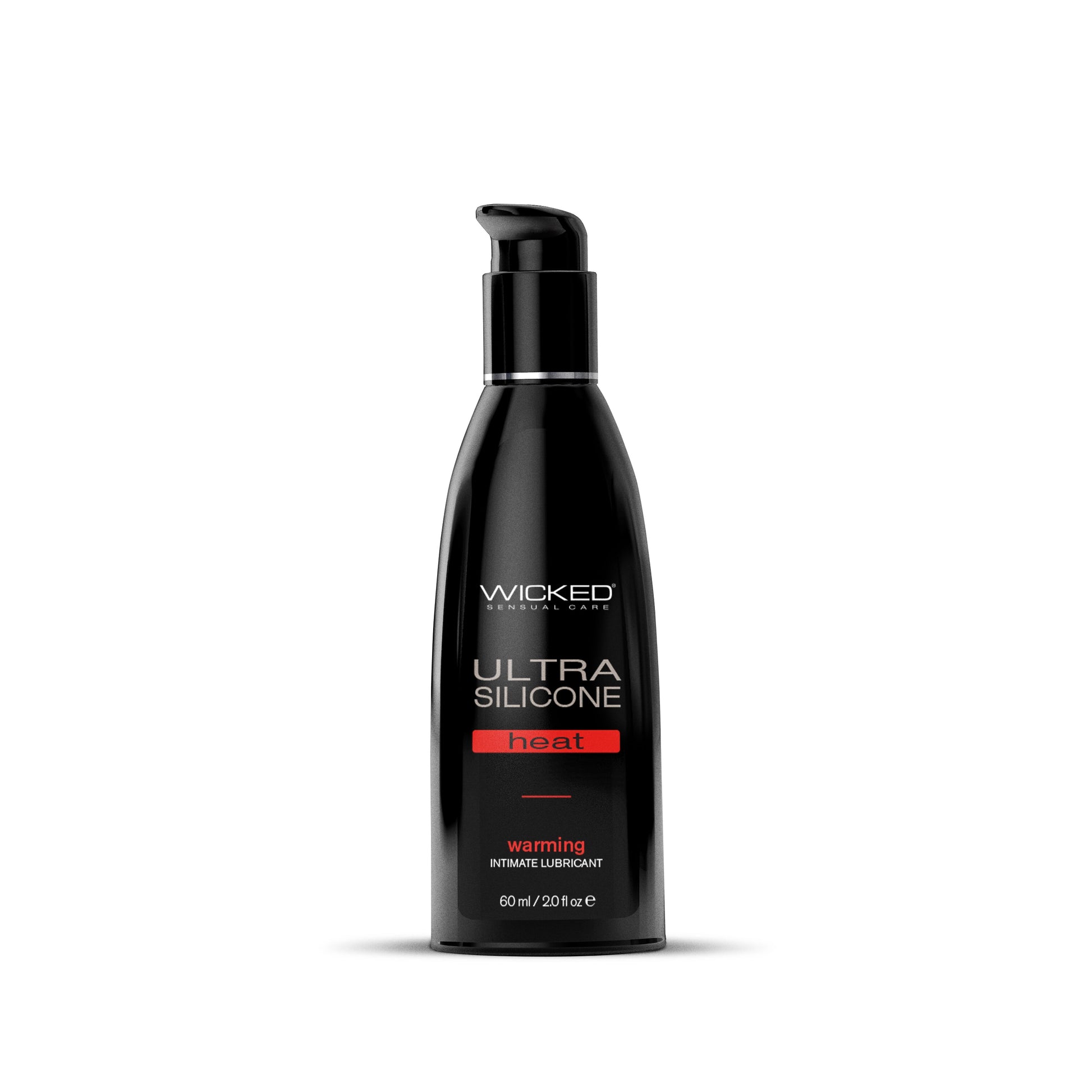 A black bottle of Wicked Ultra Silicone Heat warming intimate lubricant.