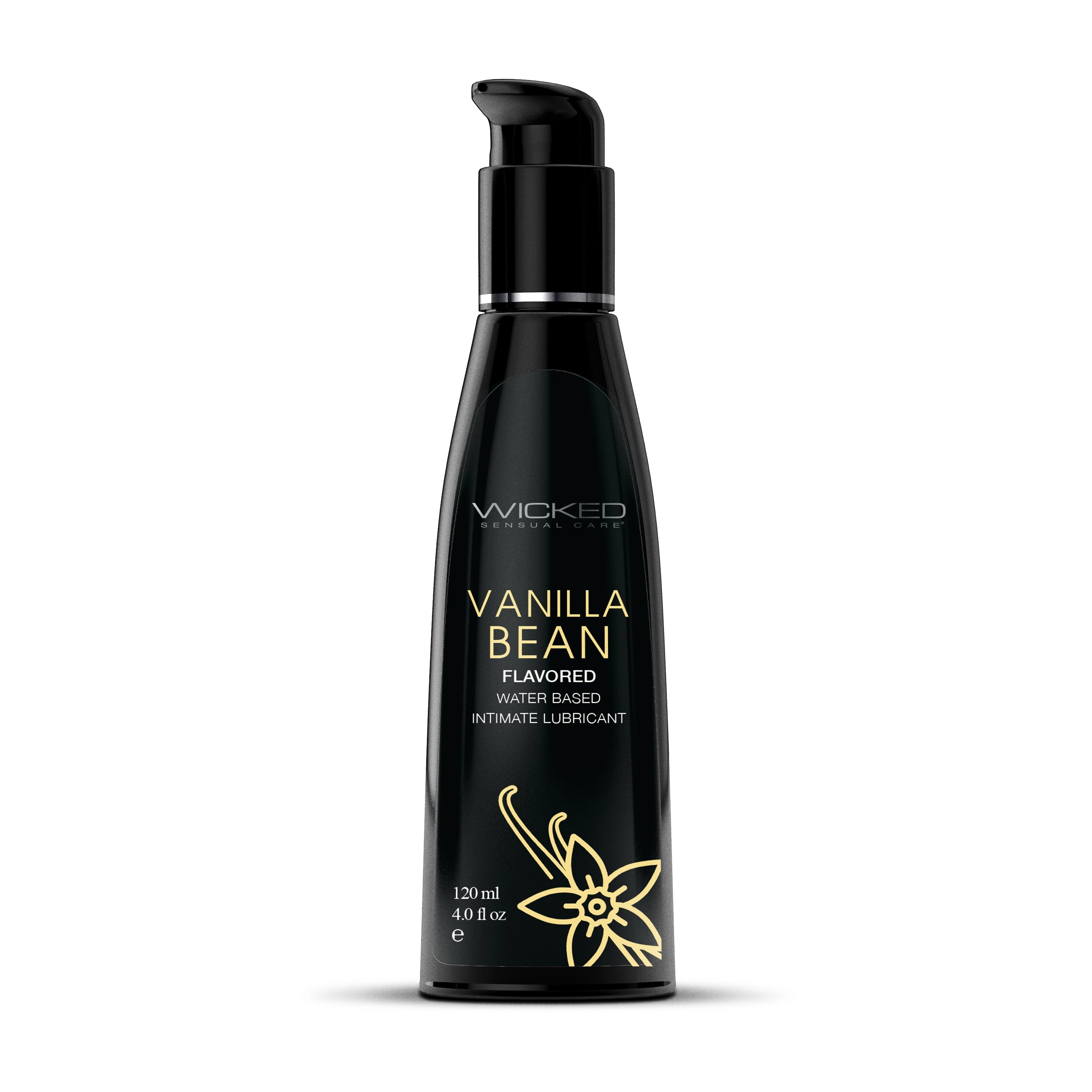 Black bottle of Wicked Sensual Care Vanilla Bean flavored water-based intimate lubricant.