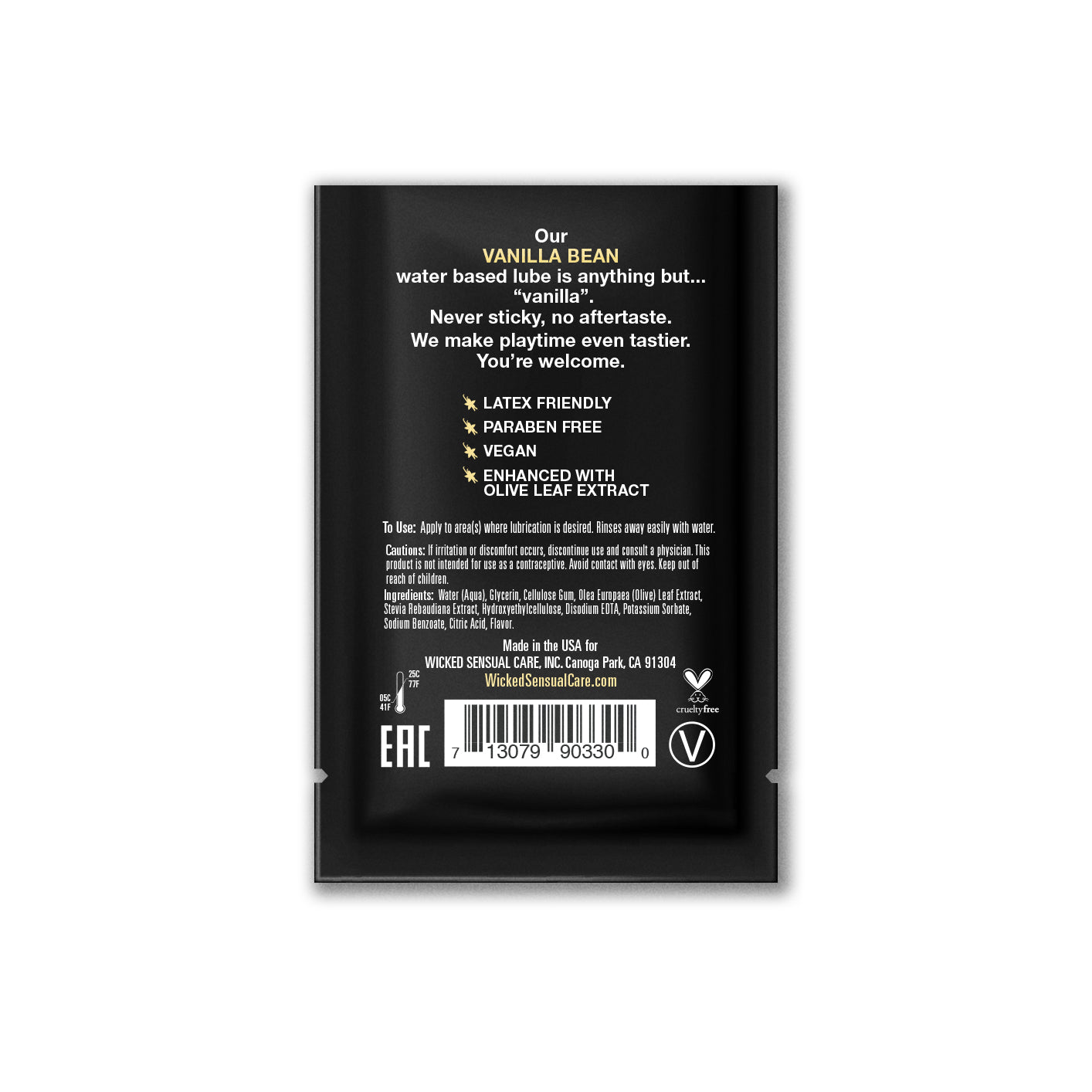 Vanilla Bean water-based lubricant sachet with latex-free and vegan claims.