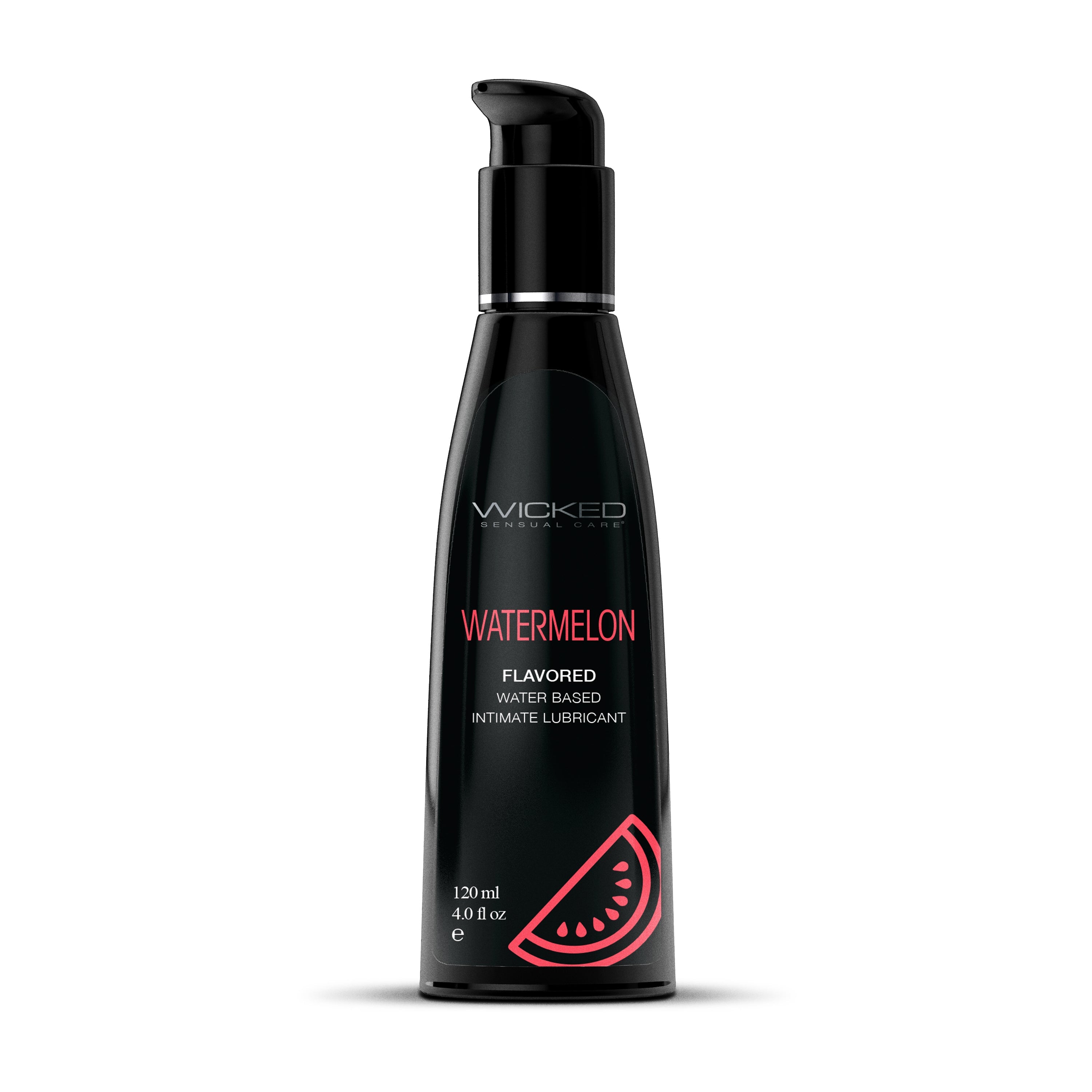 Black bottle of Wicked Watermelon flavored water-based lubricant.