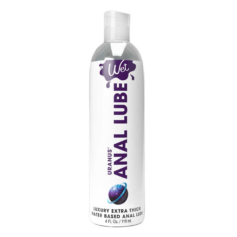 Uranus Extra Thick Water Based Anal Lube bottle with purple text and a planet graphic.