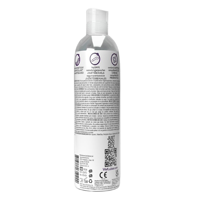 A clear bottle of Uranus Extra Thick Water Based Anal Lube with product information and icons.